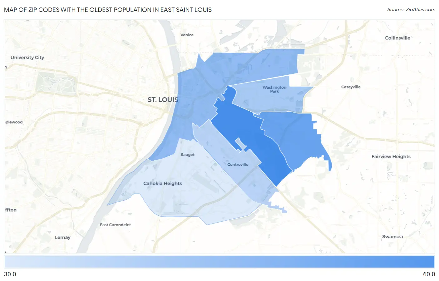Zip Codes with the Oldest Population in East Saint Louis Map