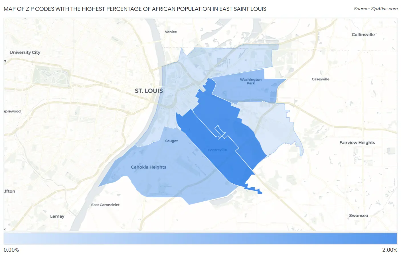 Zip Codes with the Highest Percentage of African Population in East Saint Louis Map