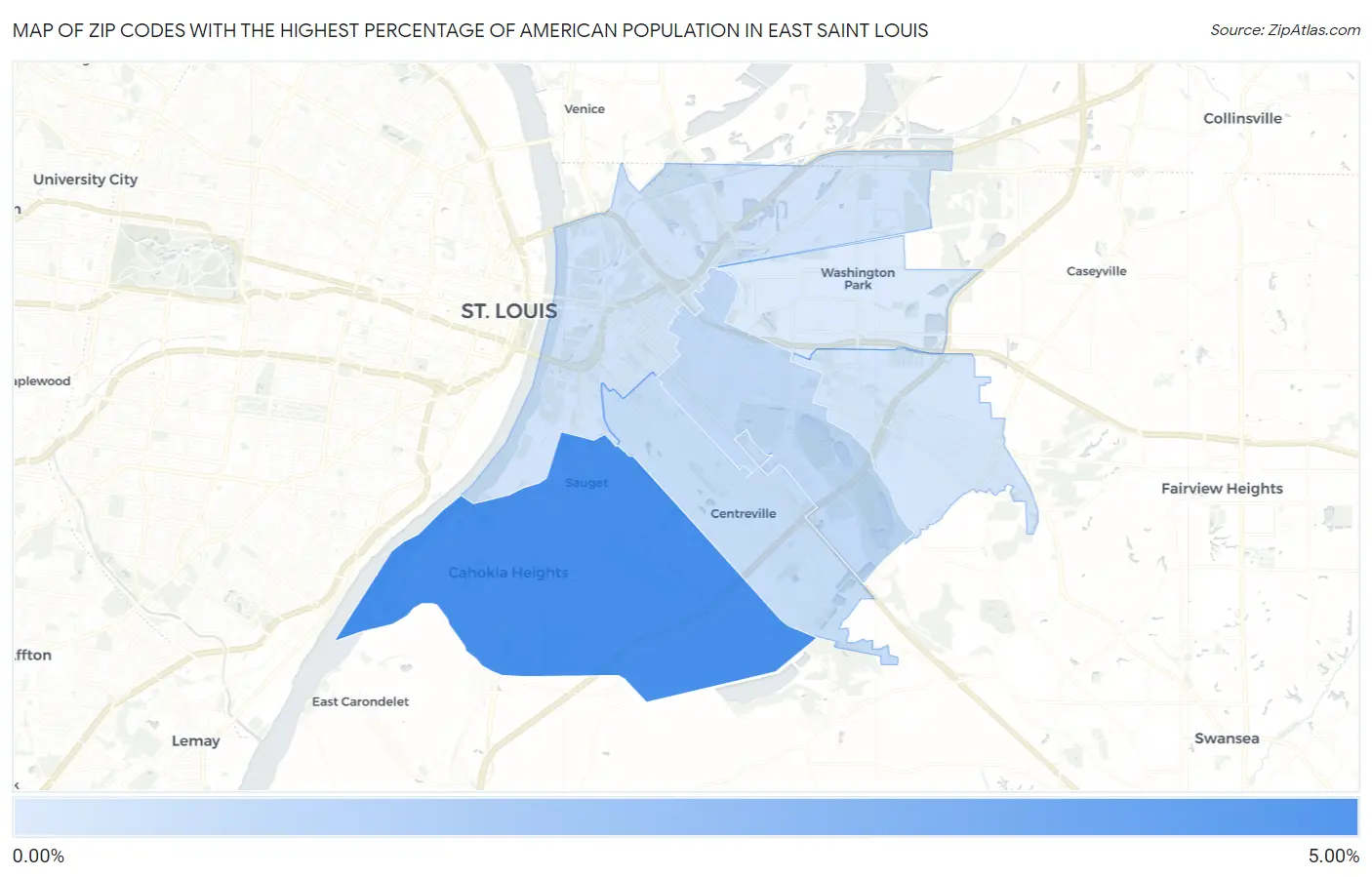 Zip Codes with the Highest Percentage of American Population in East Saint Louis Map
