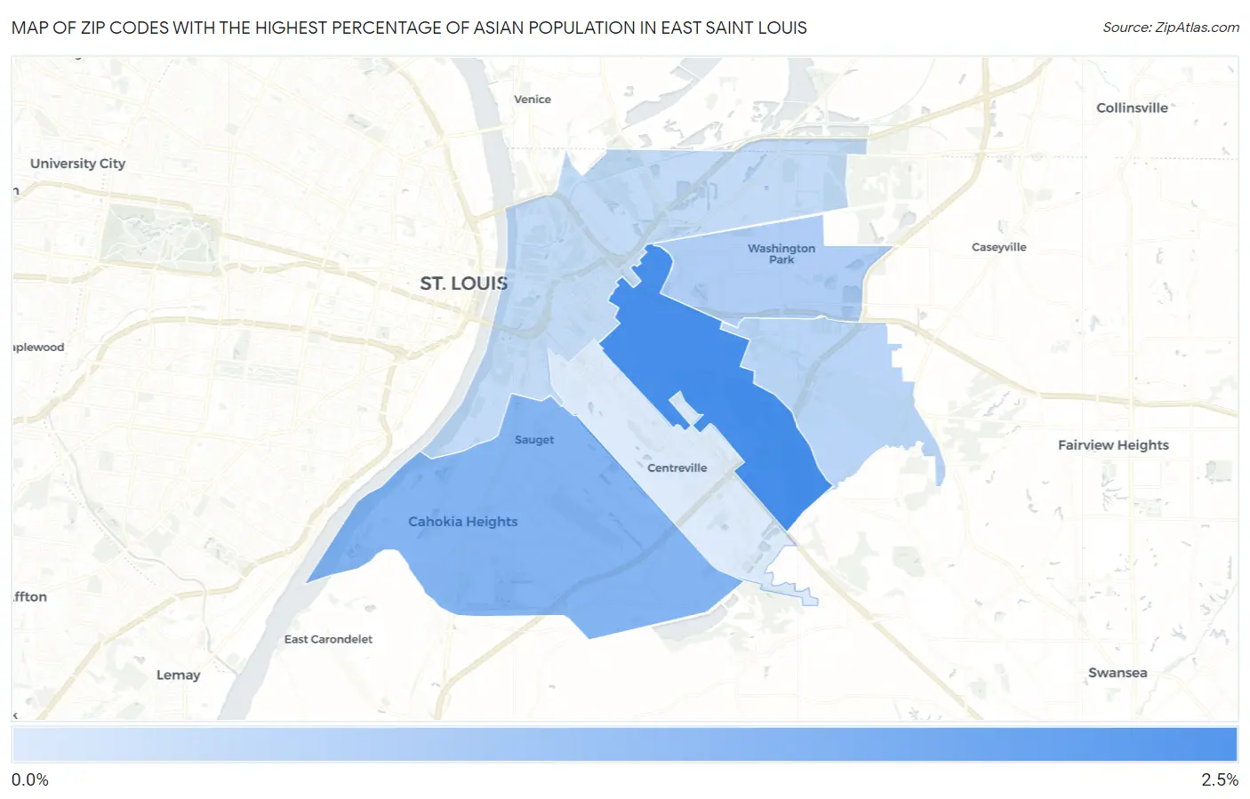 Zip Codes with the Highest Percentage of Asian Population in East Saint Louis Map