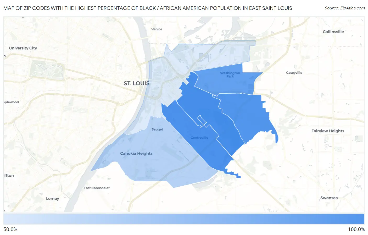 Zip Codes with the Highest Percentage of Black / African American Population in East Saint Louis Map