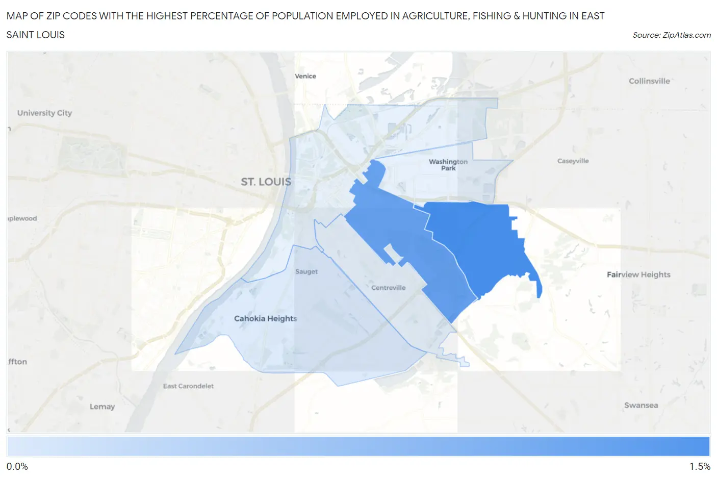 Zip Codes with the Highest Percentage of Population Employed in Agriculture, Fishing & Hunting in East Saint Louis Map
