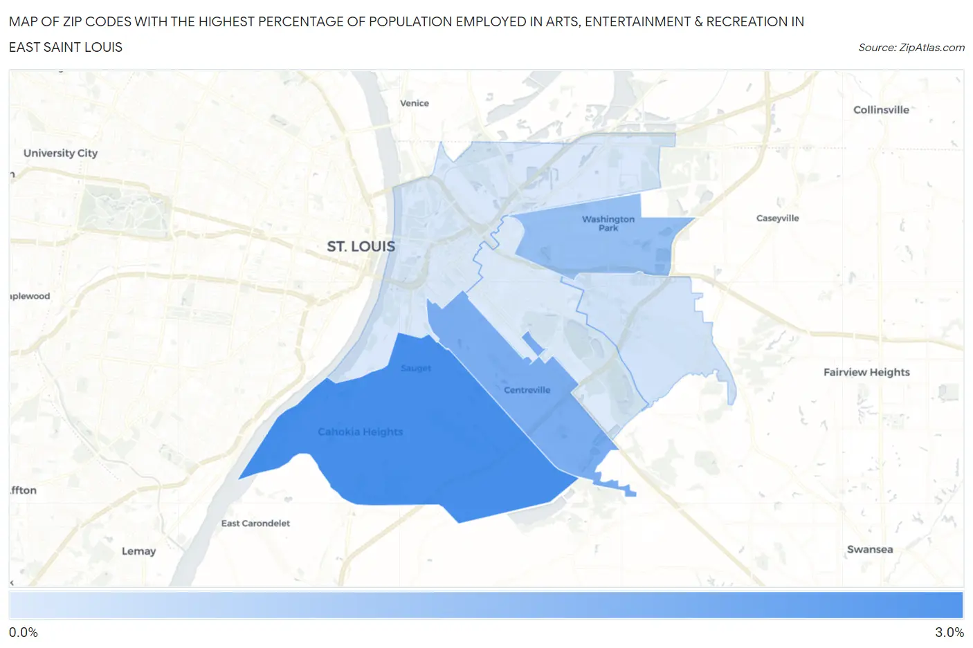 Zip Codes with the Highest Percentage of Population Employed in Arts, Entertainment & Recreation in East Saint Louis Map