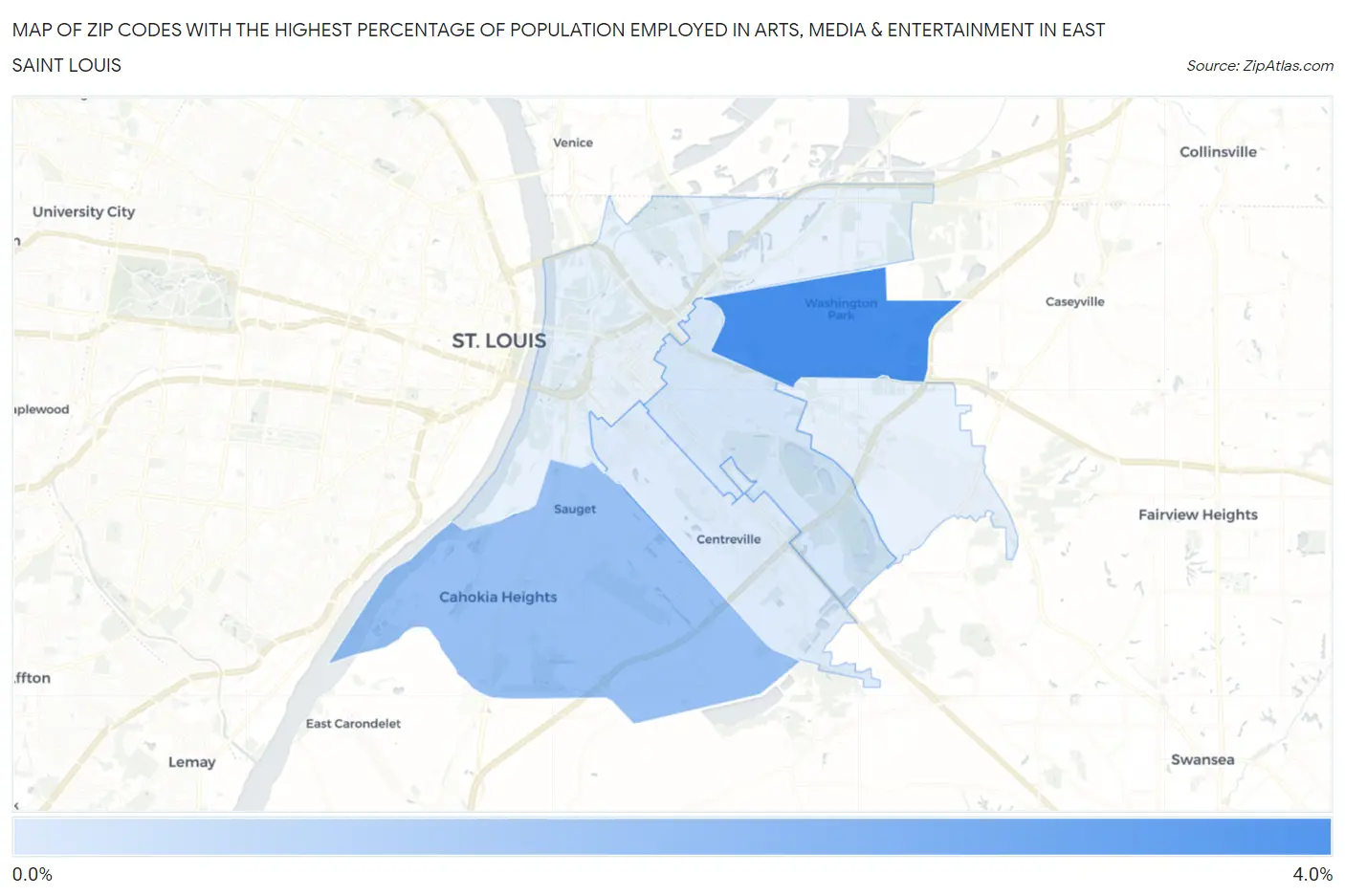 Zip Codes with the Highest Percentage of Population Employed in Arts, Media & Entertainment in East Saint Louis Map
