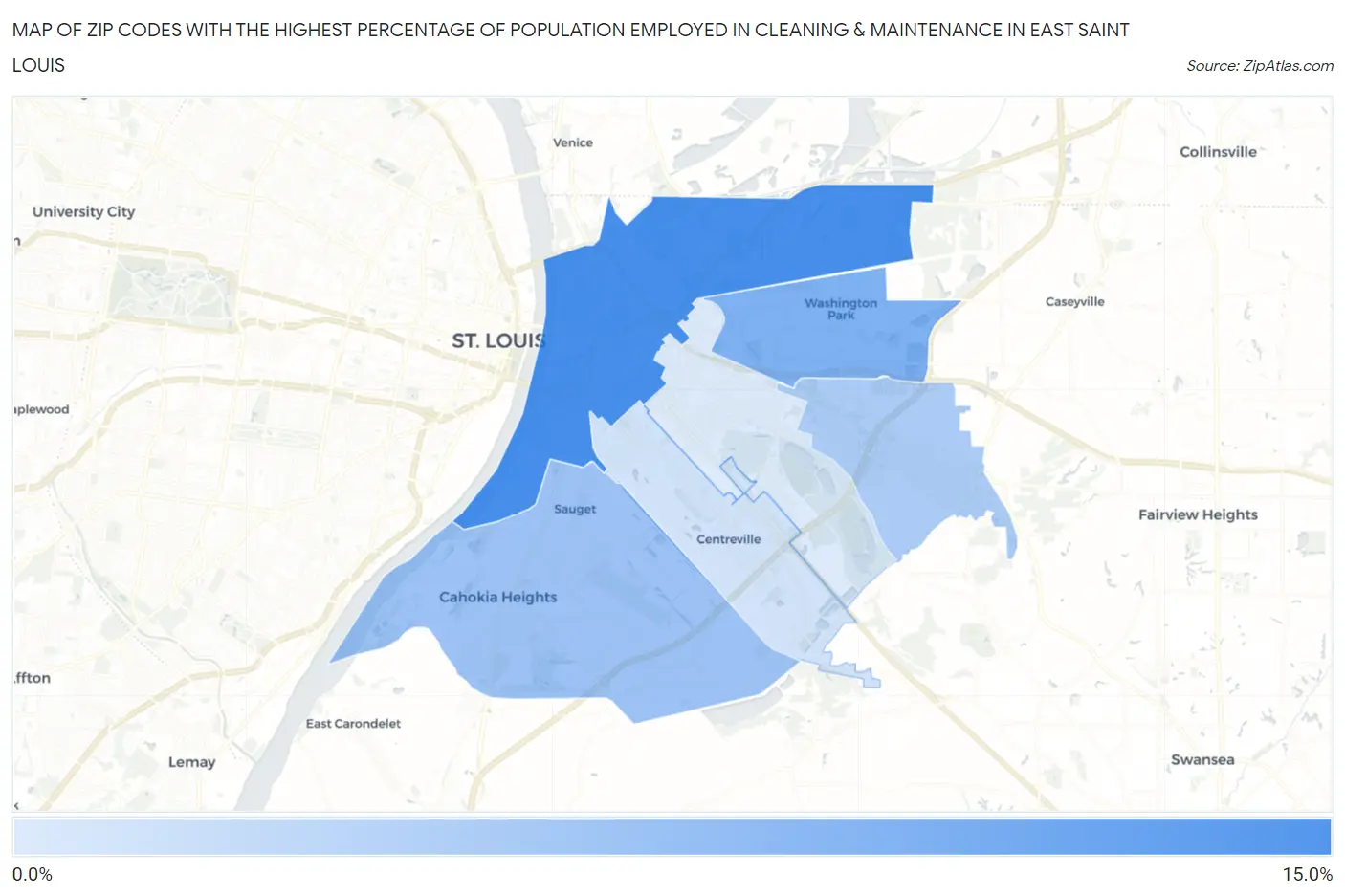 Zip Codes with the Highest Percentage of Population Employed in Cleaning & Maintenance in East Saint Louis Map
