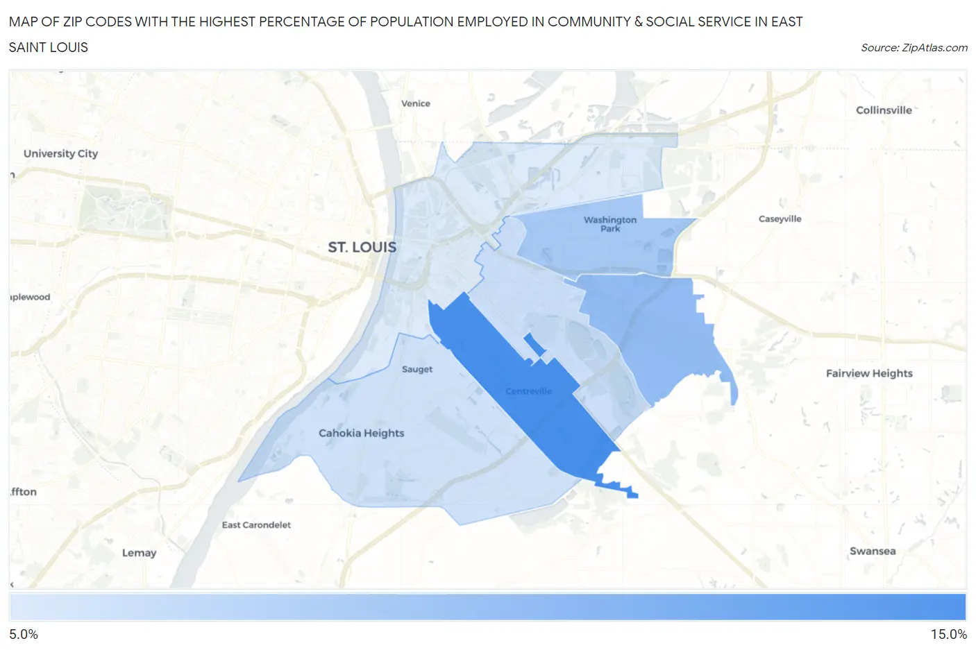 Zip Codes with the Highest Percentage of Population Employed in Community & Social Service  in East Saint Louis Map