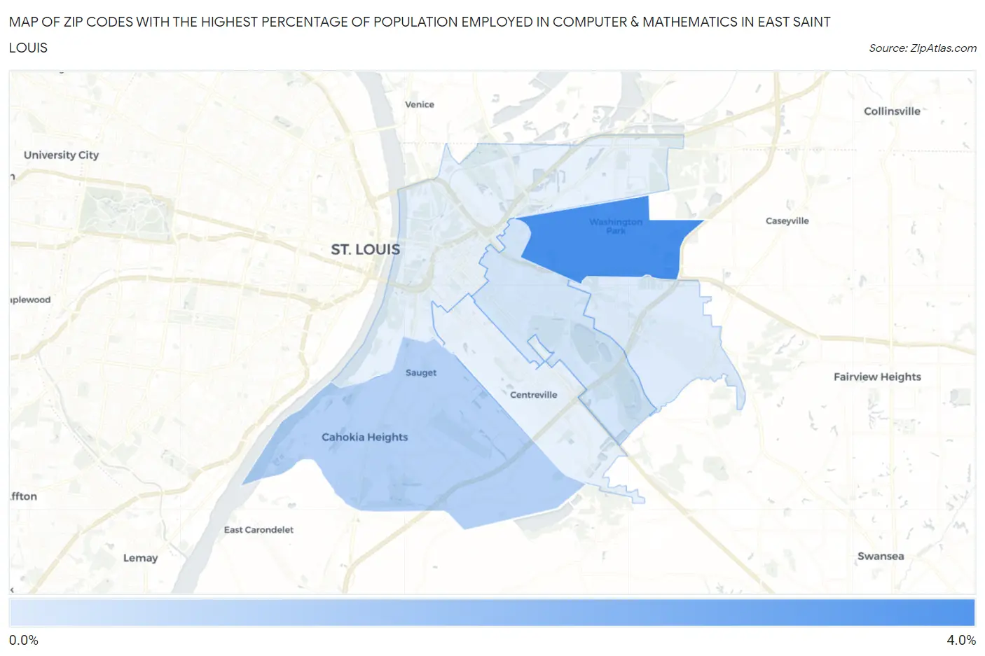 Zip Codes with the Highest Percentage of Population Employed in Computer & Mathematics in East Saint Louis Map