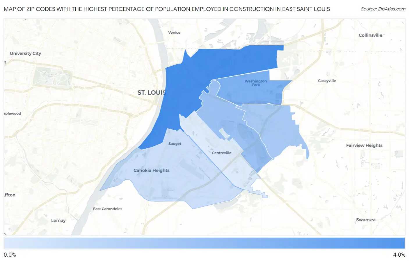Zip Codes with the Highest Percentage of Population Employed in Construction in East Saint Louis Map