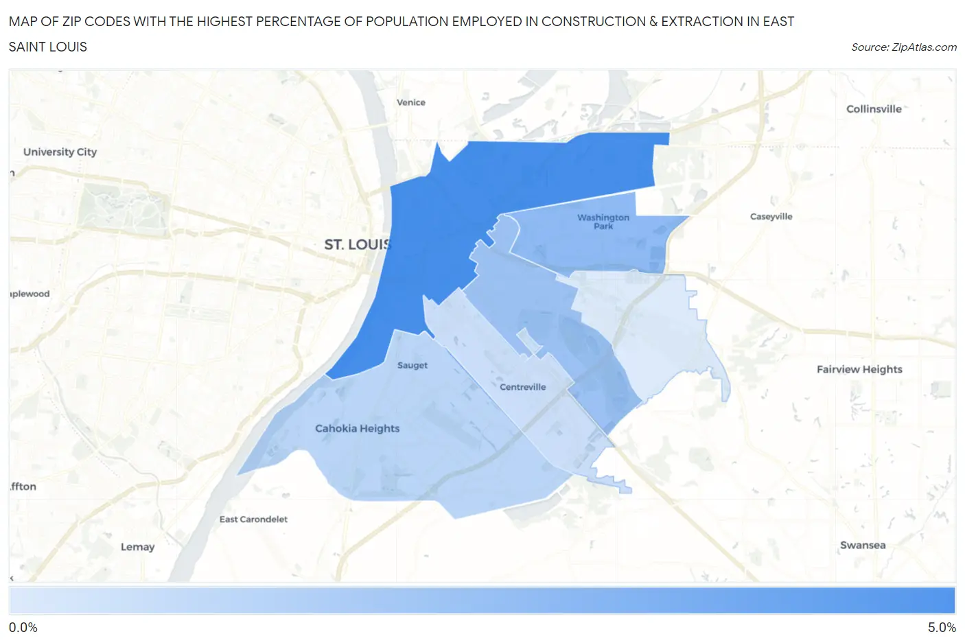 Zip Codes with the Highest Percentage of Population Employed in Construction & Extraction in East Saint Louis Map