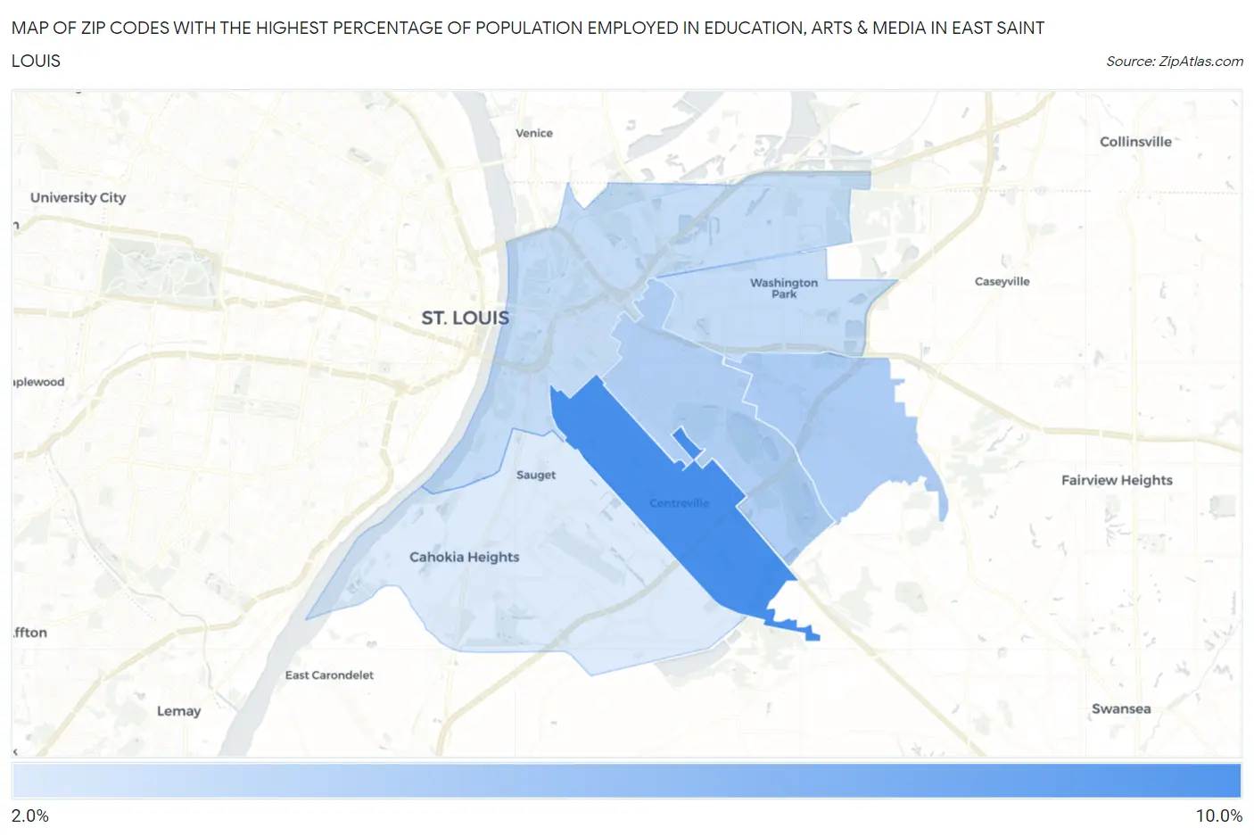Zip Codes with the Highest Percentage of Population Employed in Education, Arts & Media in East Saint Louis Map