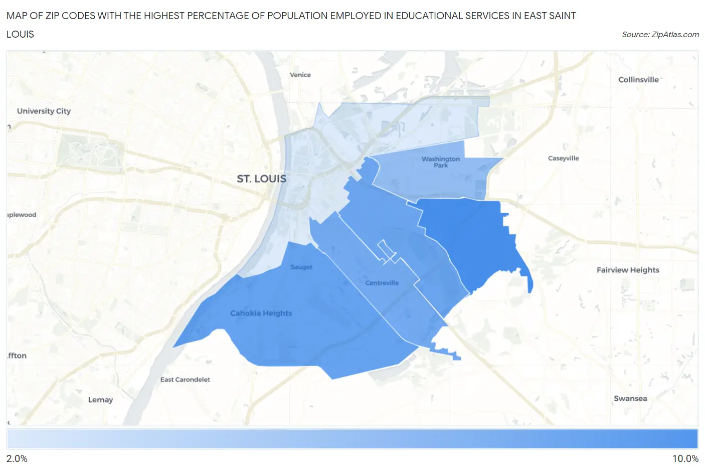 Zip Codes with the Highest Percentage of Population Employed in Educational Services in East Saint Louis Map