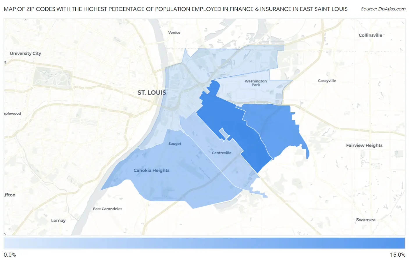 Zip Codes with the Highest Percentage of Population Employed in Finance & Insurance in East Saint Louis Map