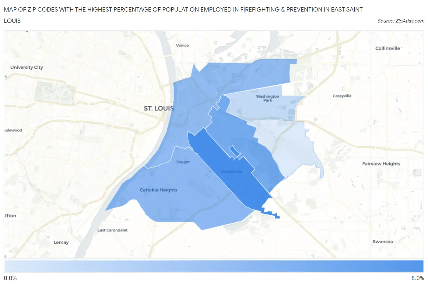 Zip Codes with the Highest Percentage of Population Employed in Firefighting & Prevention in East Saint Louis Map