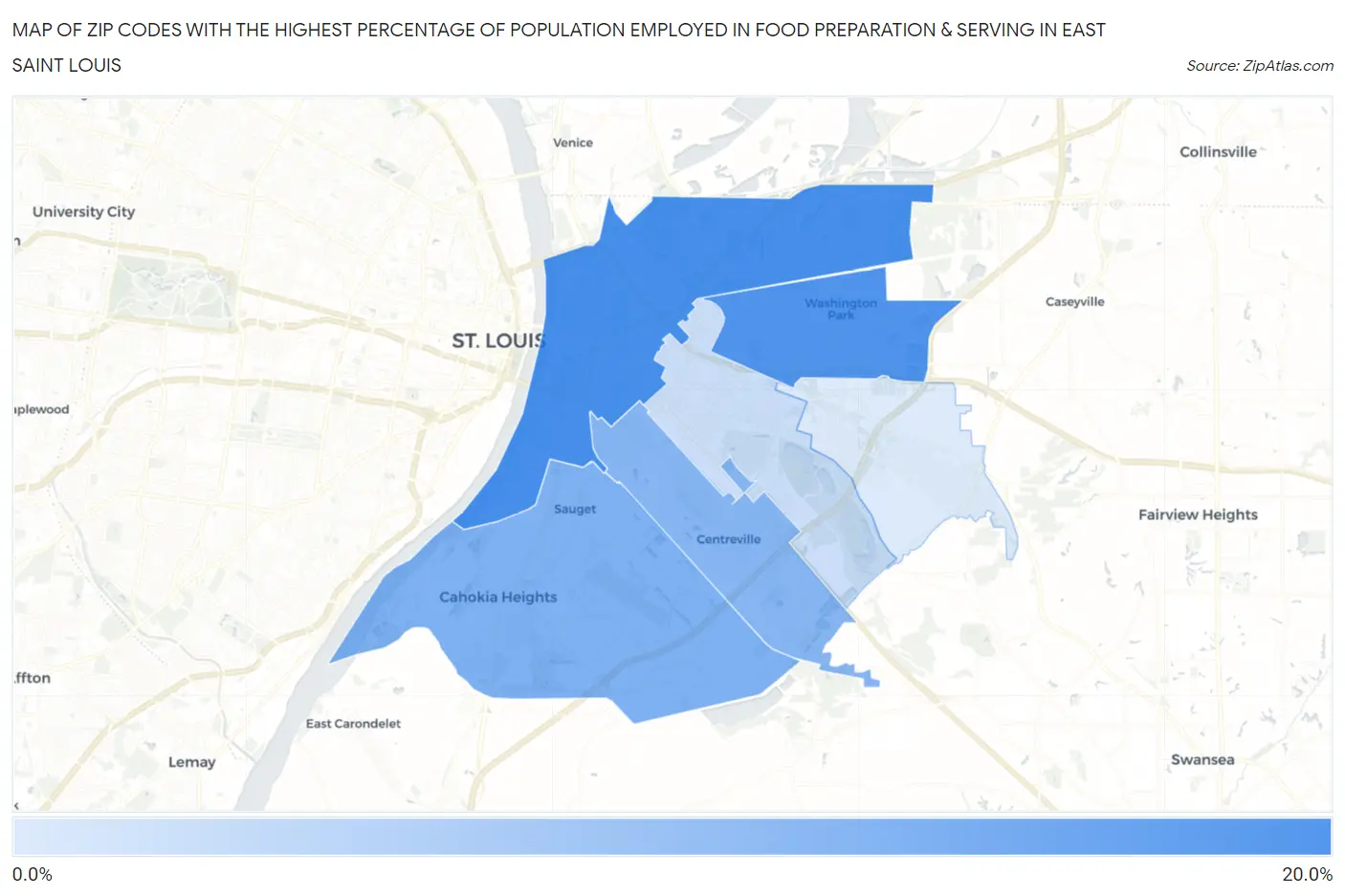 Zip Codes with the Highest Percentage of Population Employed in Food Preparation & Serving in East Saint Louis Map