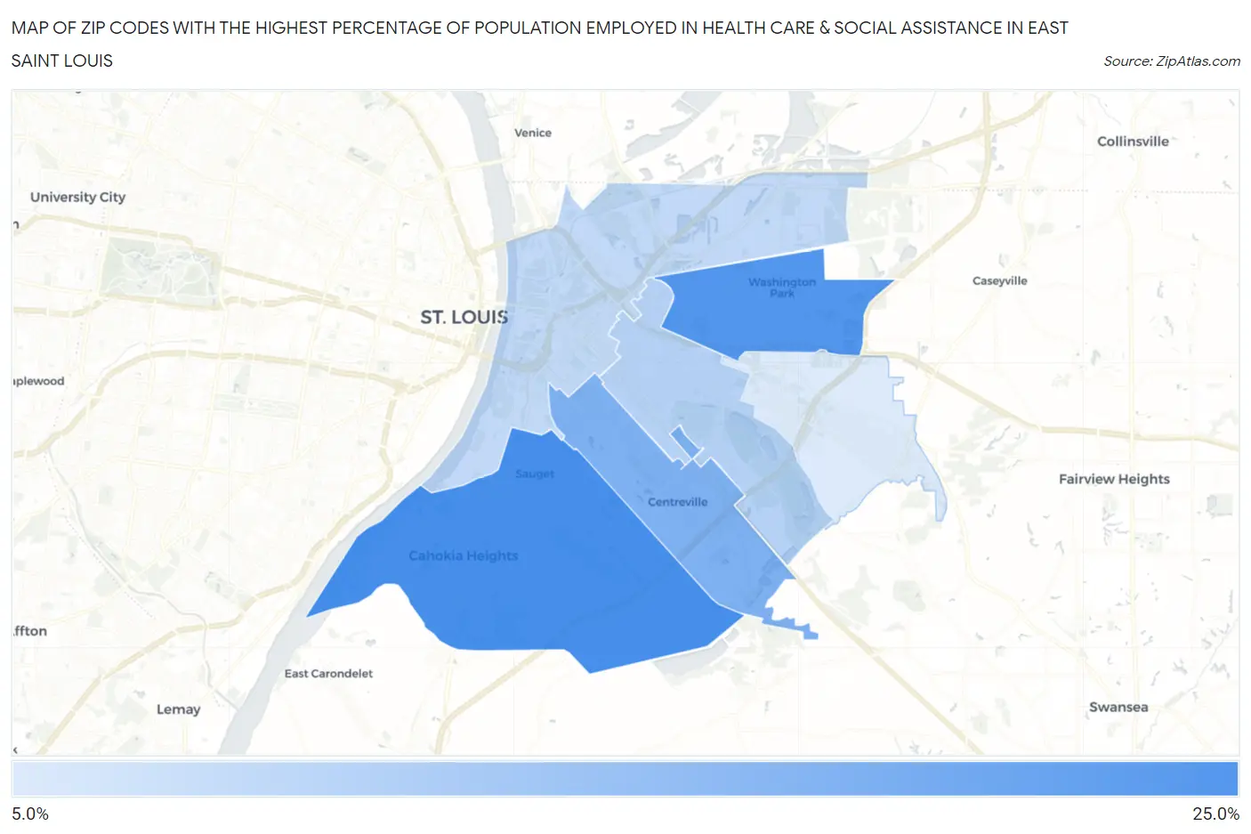Zip Codes with the Highest Percentage of Population Employed in Health Care & Social Assistance in East Saint Louis Map