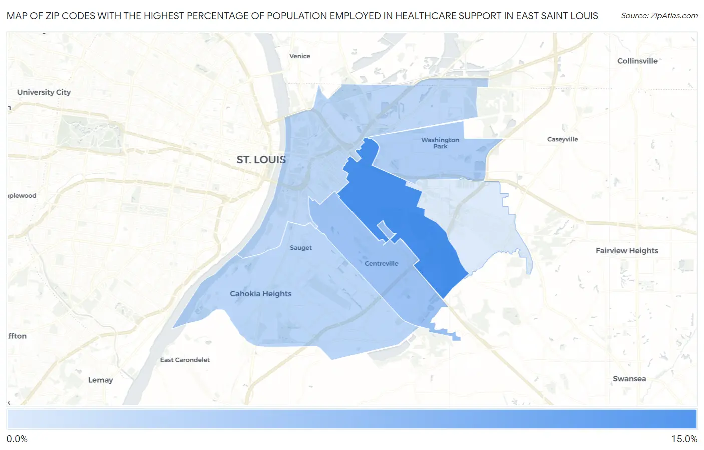 Zip Codes with the Highest Percentage of Population Employed in Healthcare Support in East Saint Louis Map