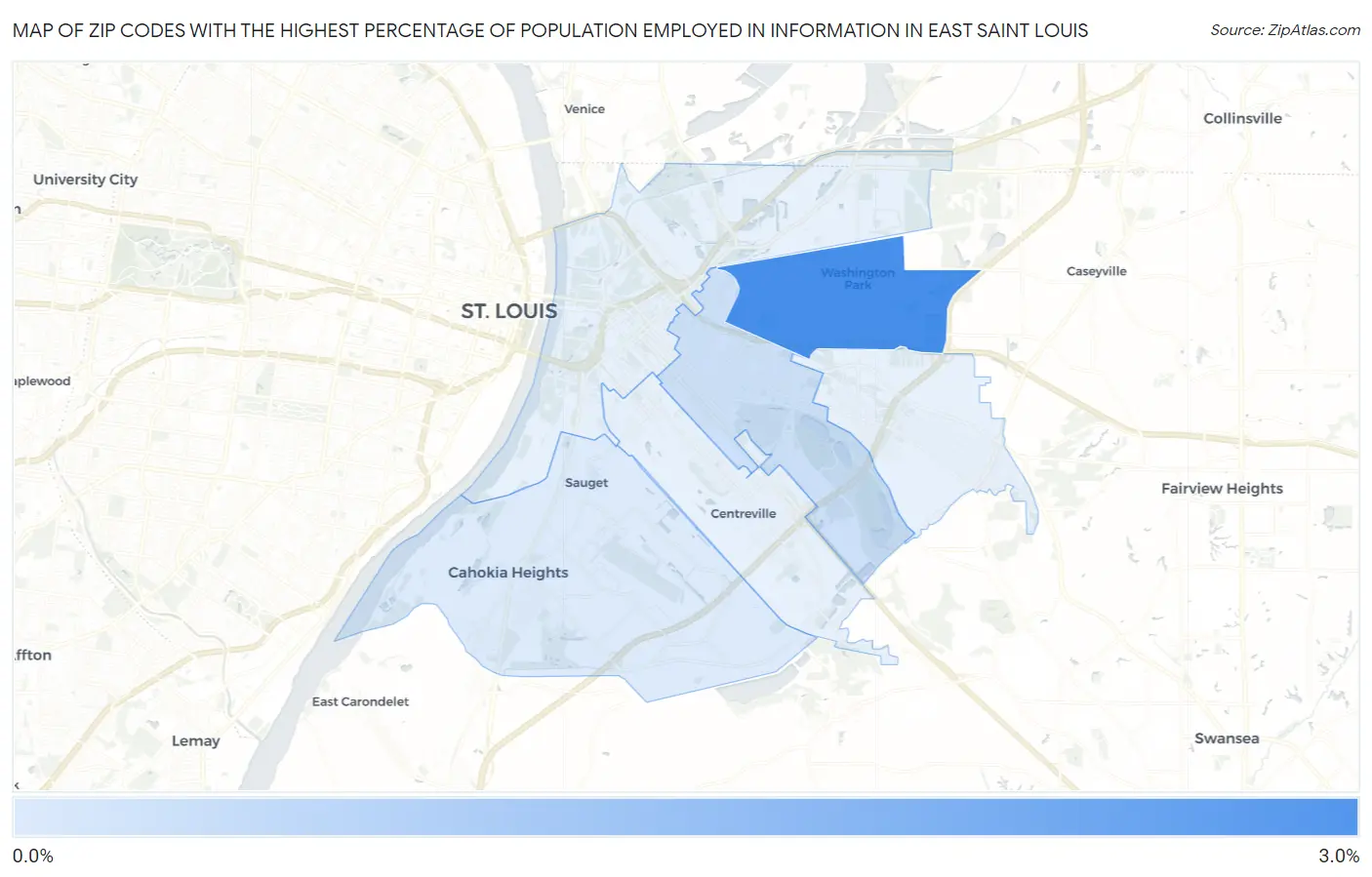 Zip Codes with the Highest Percentage of Population Employed in Information in East Saint Louis Map