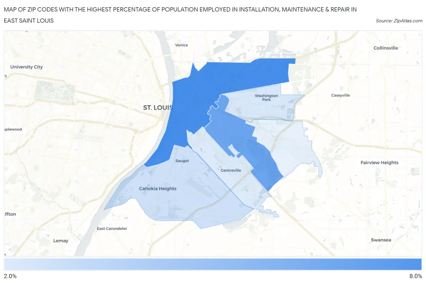 Zip Codes with the Highest Percentage of Population Employed in Installation, Maintenance & Repair in East Saint Louis Map