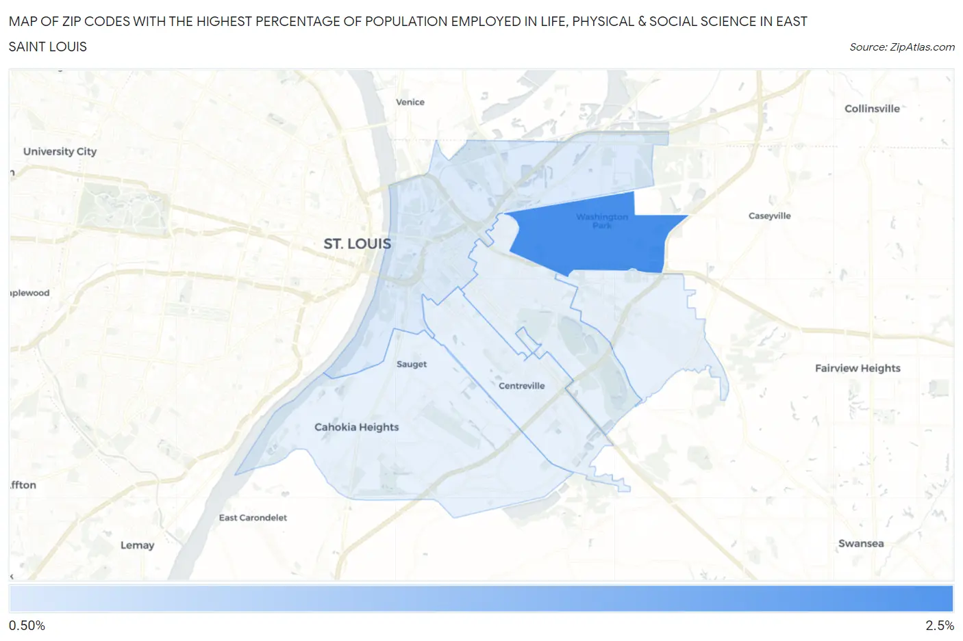 Zip Codes with the Highest Percentage of Population Employed in Life, Physical & Social Science in East Saint Louis Map