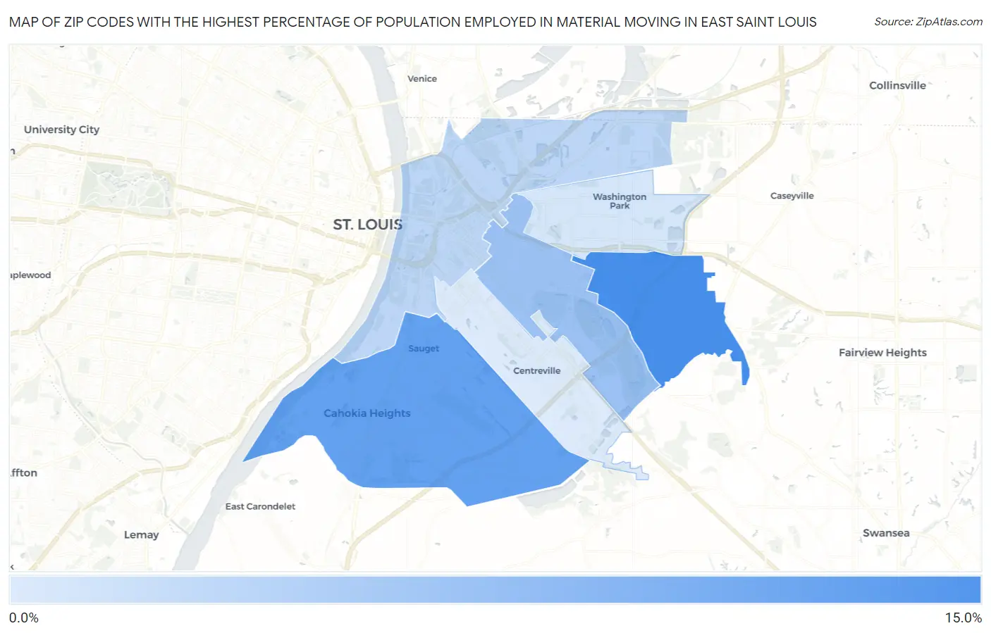 Zip Codes with the Highest Percentage of Population Employed in Material Moving in East Saint Louis Map
