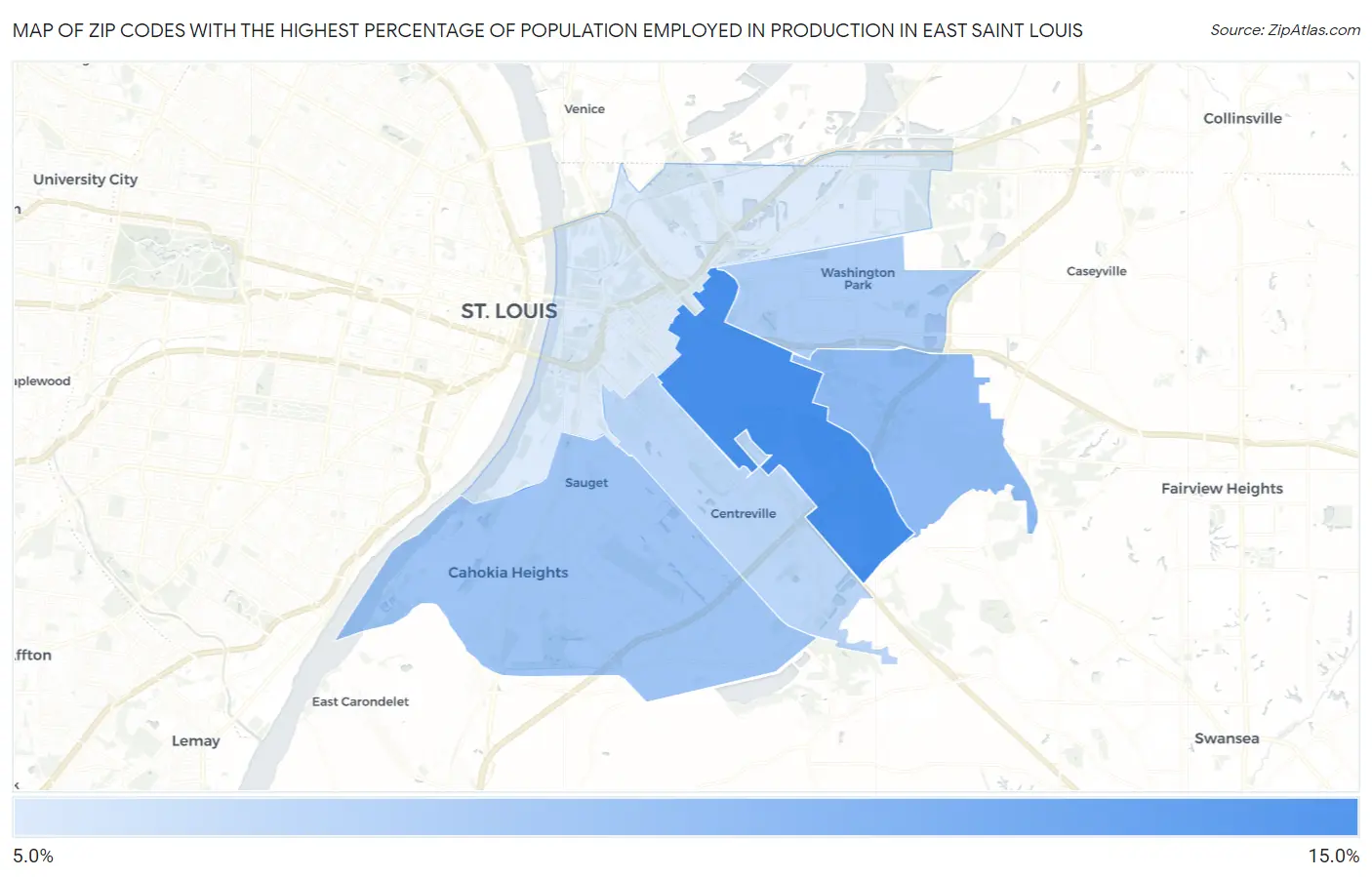 Zip Codes with the Highest Percentage of Population Employed in Production in East Saint Louis Map