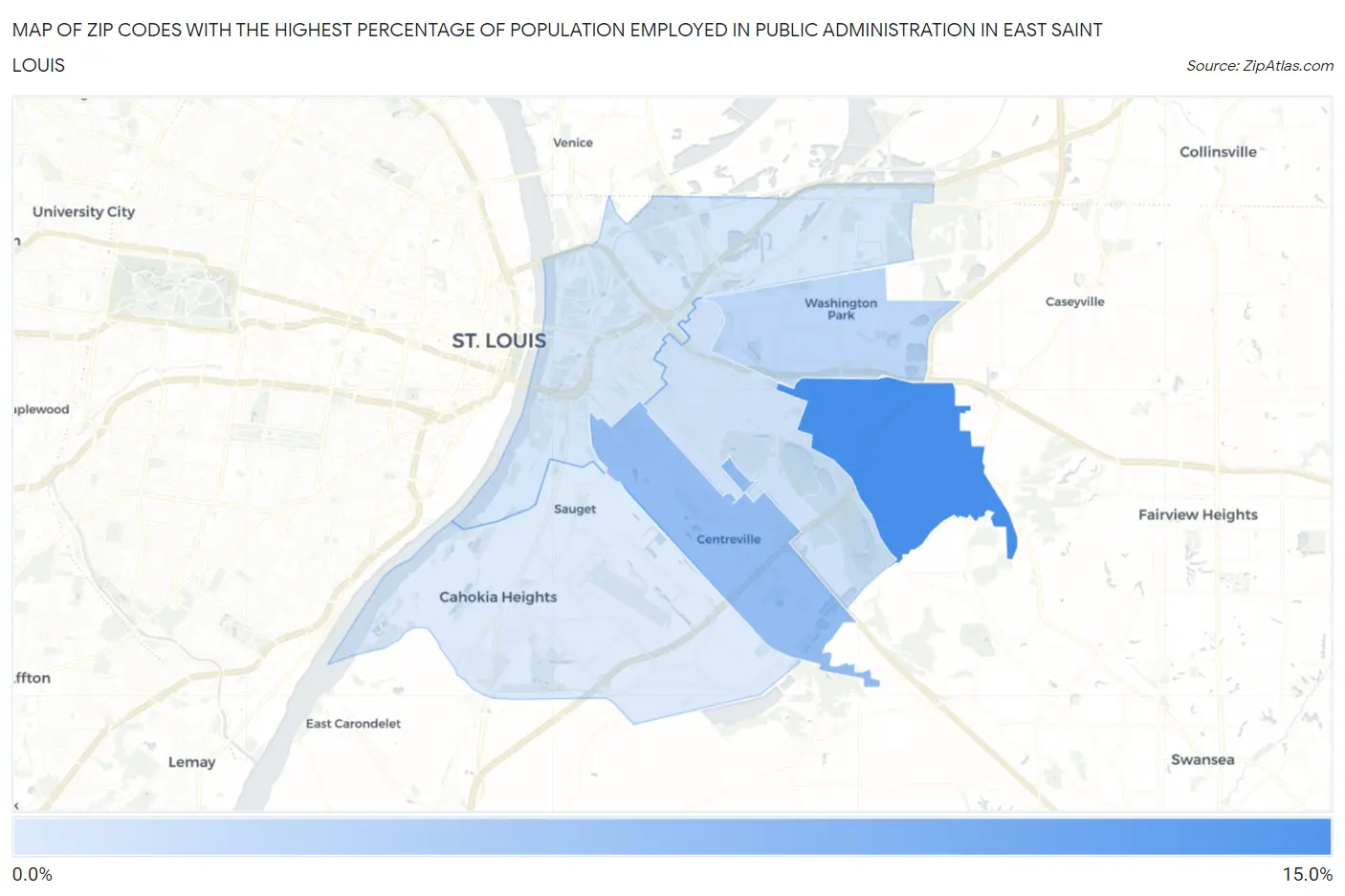 Zip Codes with the Highest Percentage of Population Employed in Public Administration in East Saint Louis Map