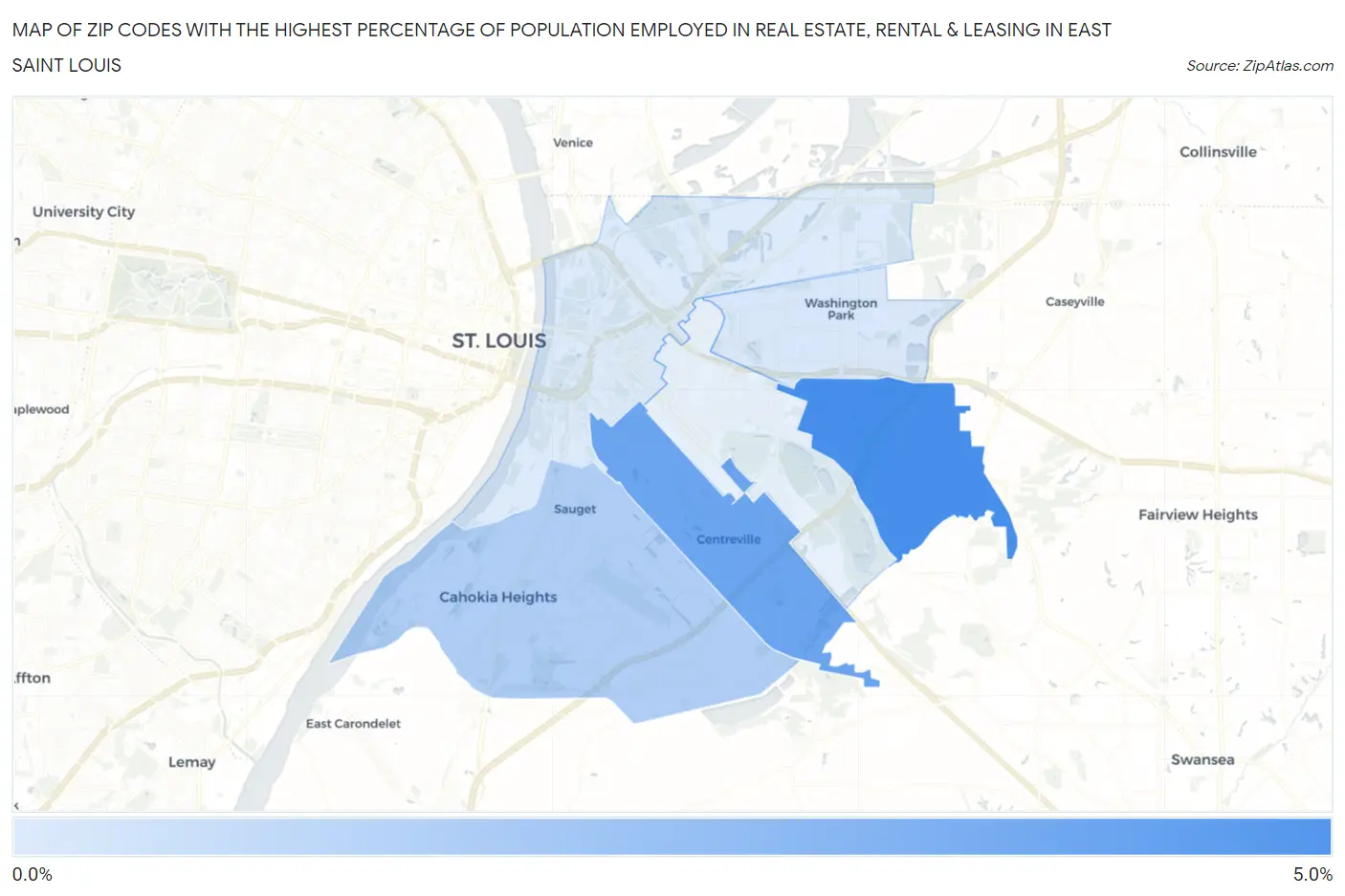 Zip Codes with the Highest Percentage of Population Employed in Real Estate, Rental & Leasing in East Saint Louis Map