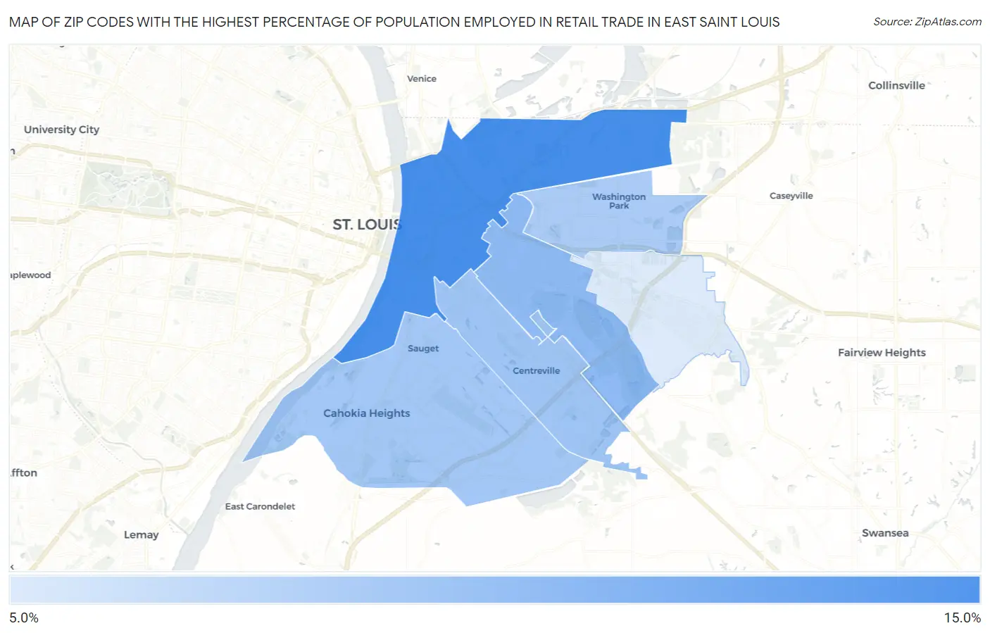 Zip Codes with the Highest Percentage of Population Employed in Retail Trade in East Saint Louis Map