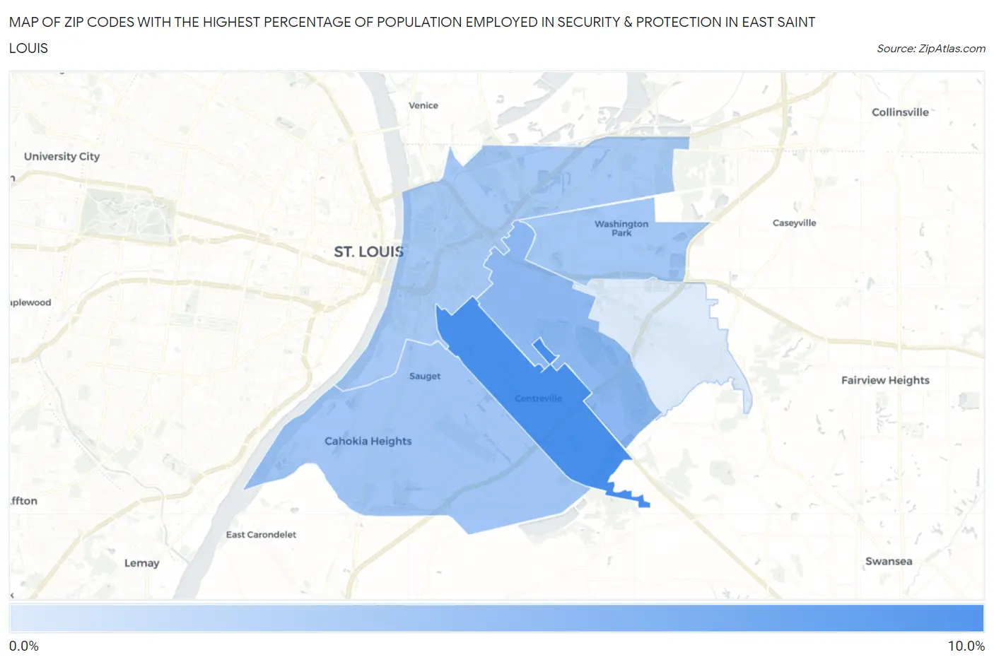 Zip Codes with the Highest Percentage of Population Employed in Security & Protection in East Saint Louis Map