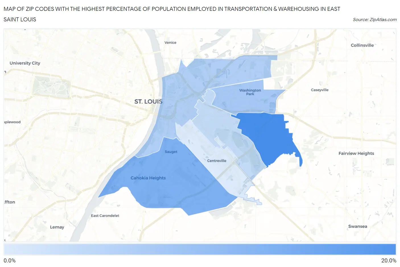 Zip Codes with the Highest Percentage of Population Employed in Transportation & Warehousing in East Saint Louis Map