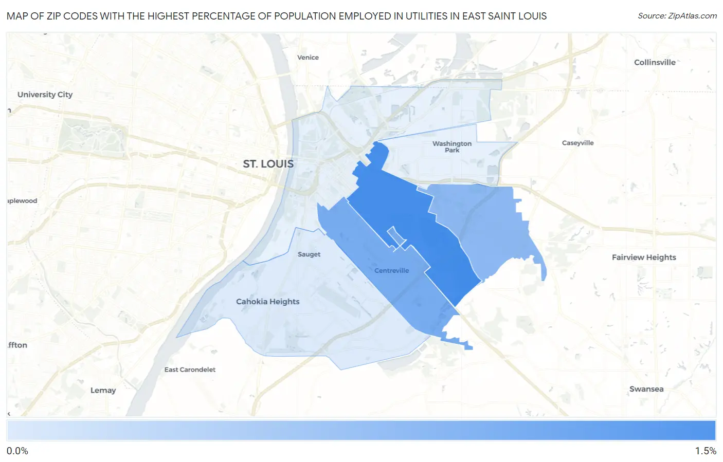 Zip Codes with the Highest Percentage of Population Employed in Utilities in East Saint Louis Map