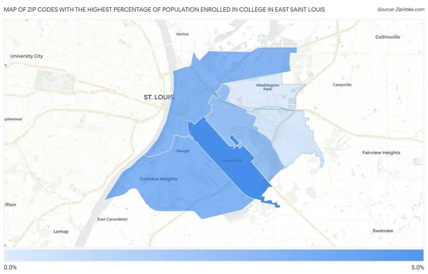 Zip Codes with the Highest Percentage of Population Enrolled in College in East Saint Louis Map