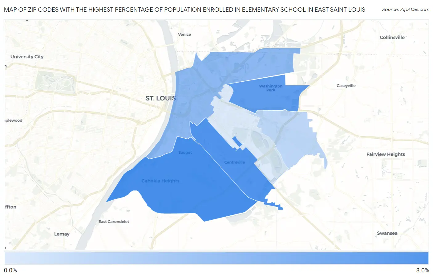 Zip Codes with the Highest Percentage of Population Enrolled in Elementary School in East Saint Louis Map