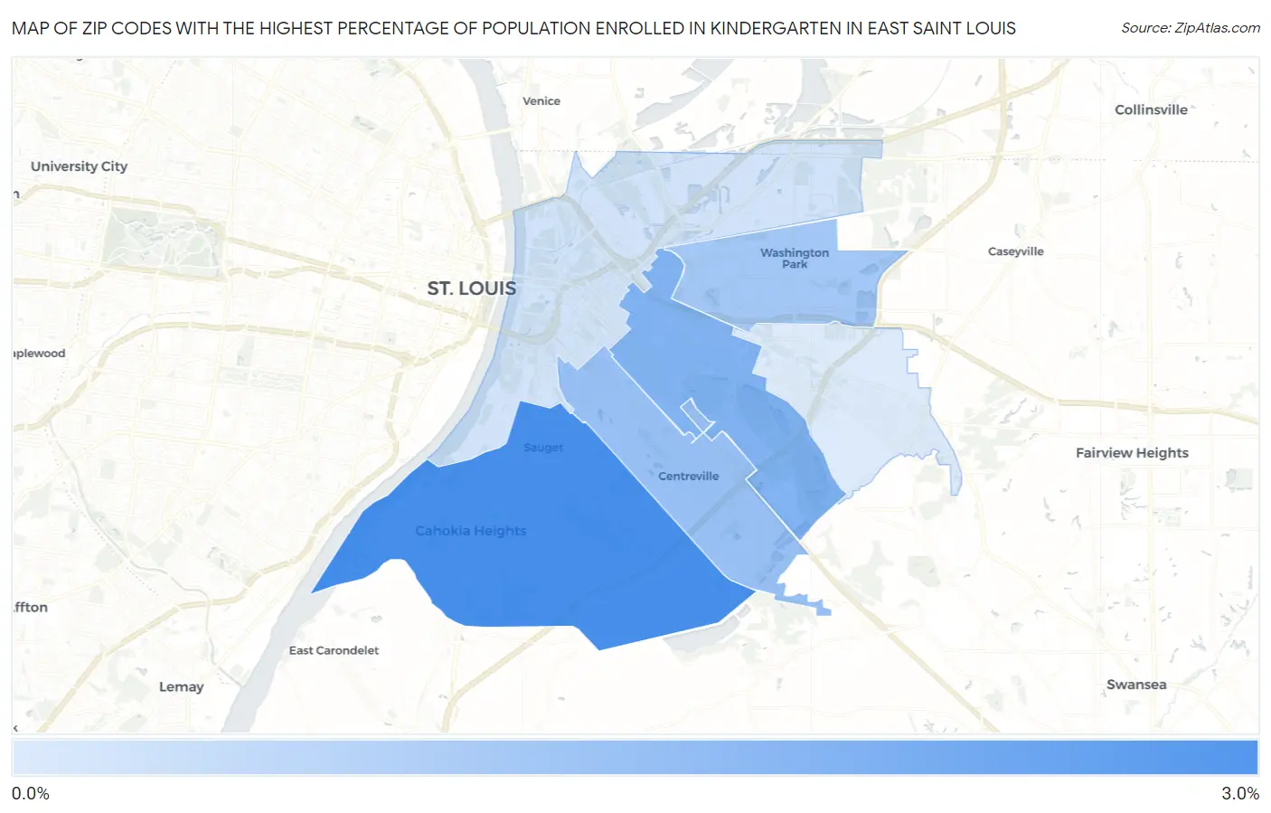 Zip Codes with the Highest Percentage of Population Enrolled in Kindergarten in East Saint Louis Map