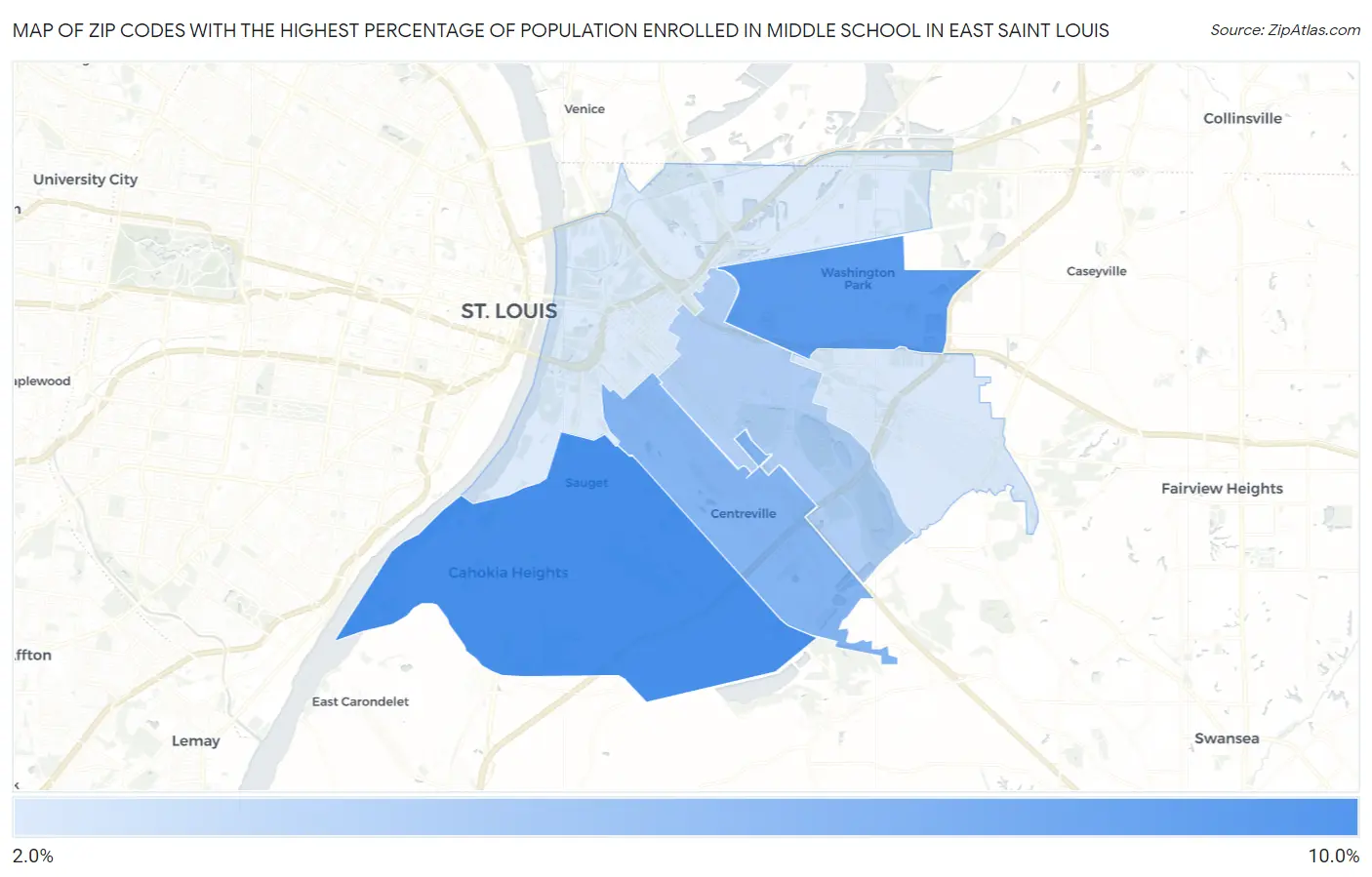 Zip Codes with the Highest Percentage of Population Enrolled in Middle School in East Saint Louis Map