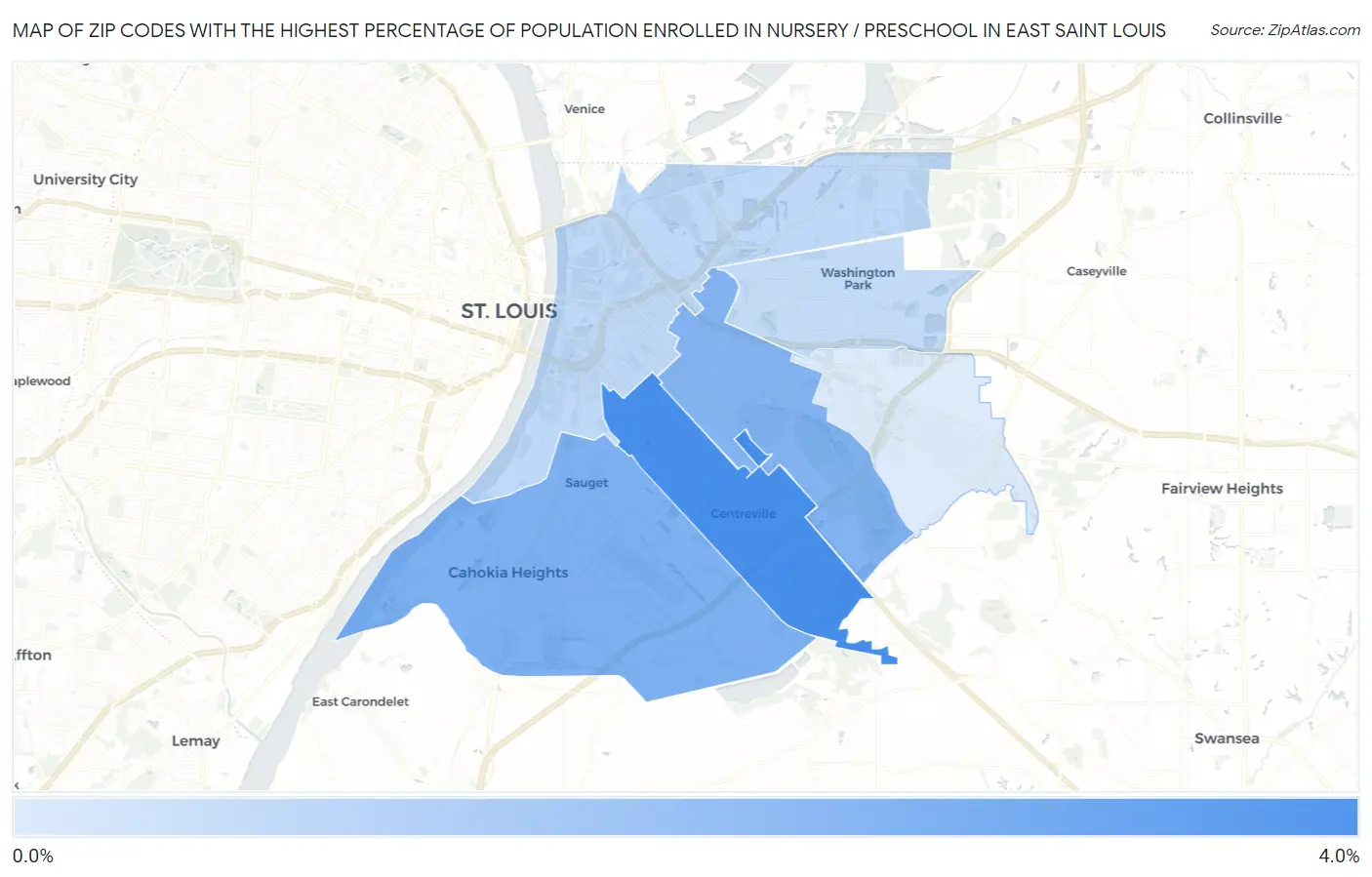 Zip Codes with the Highest Percentage of Population Enrolled in Nursery / Preschool in East Saint Louis Map
