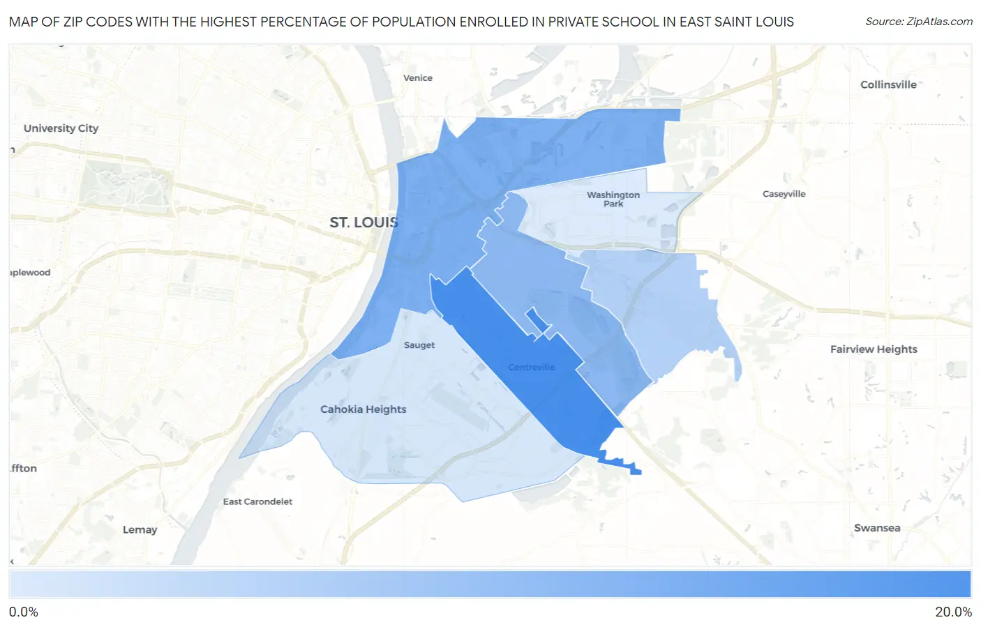 Zip Codes with the Highest Percentage of Population Enrolled in Private School in East Saint Louis Map