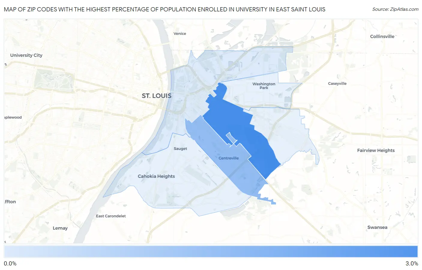 Zip Codes with the Highest Percentage of Population Enrolled in University in East Saint Louis Map