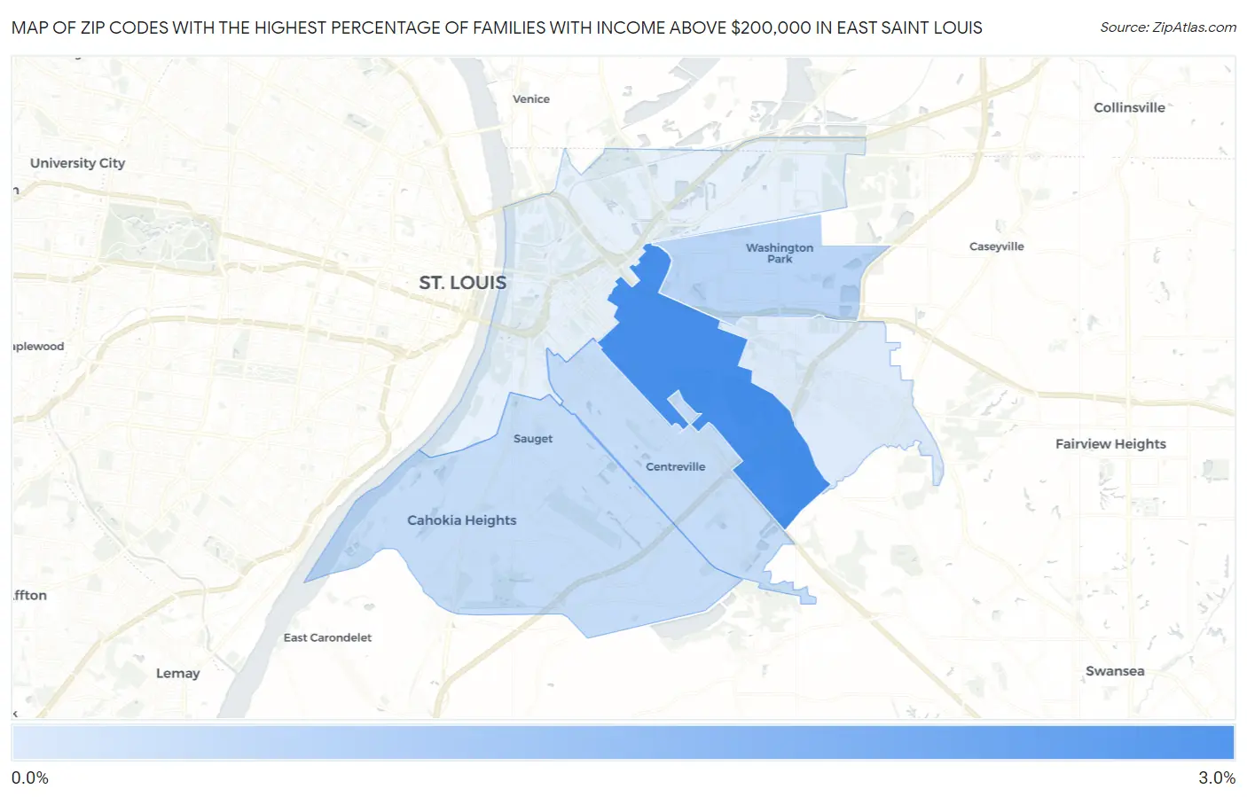Zip Codes with the Highest Percentage of Families with Income Above $200,000 in East Saint Louis Map