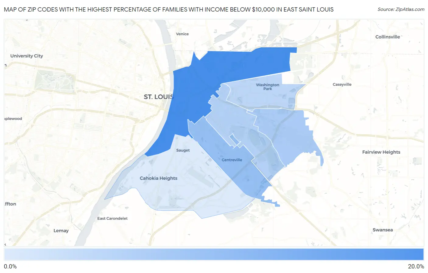 Zip Codes with the Highest Percentage of Families with Income Below $10,000 in East Saint Louis Map