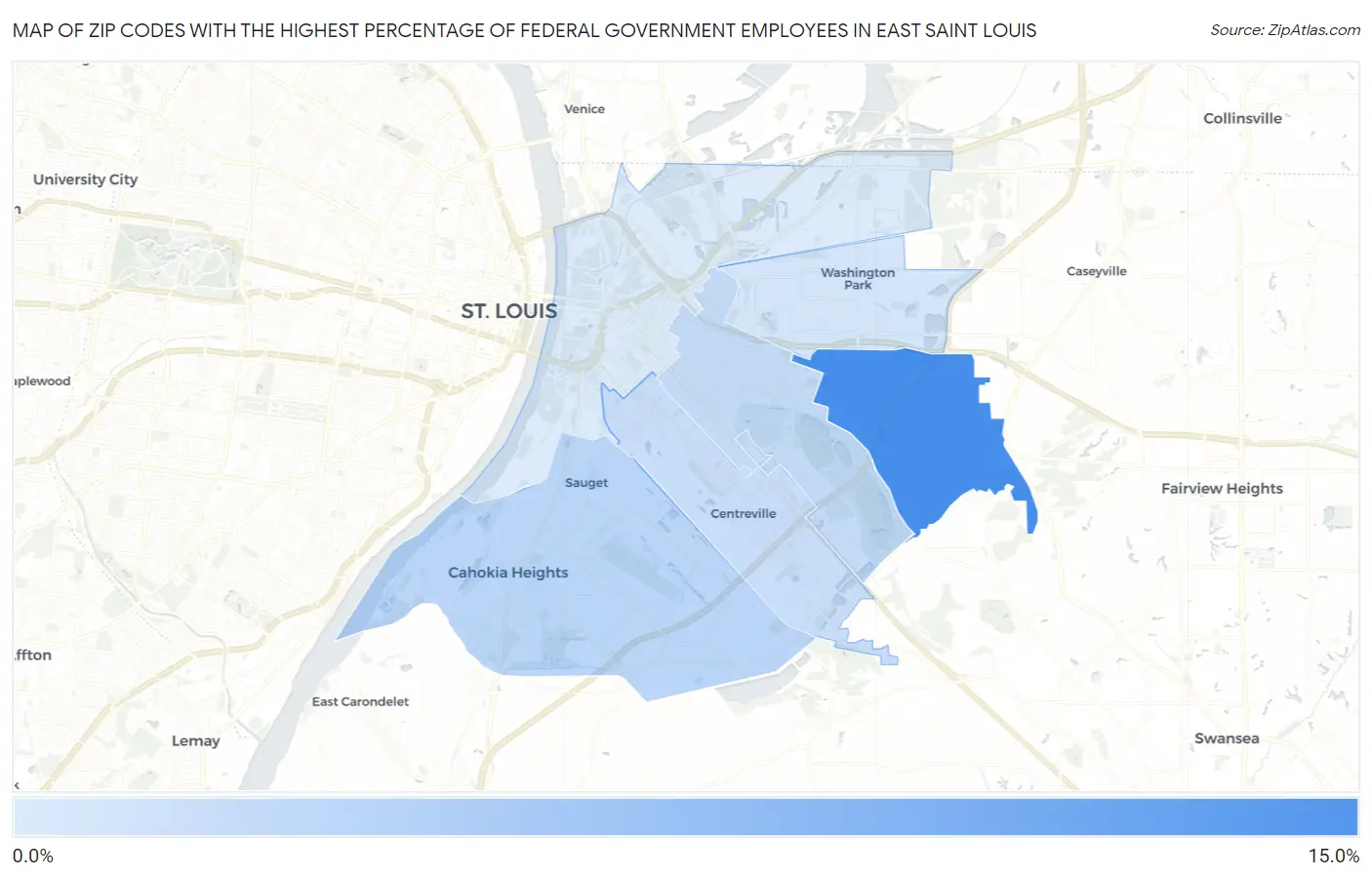 Zip Codes with the Highest Percentage of Federal Government Employees in East Saint Louis Map