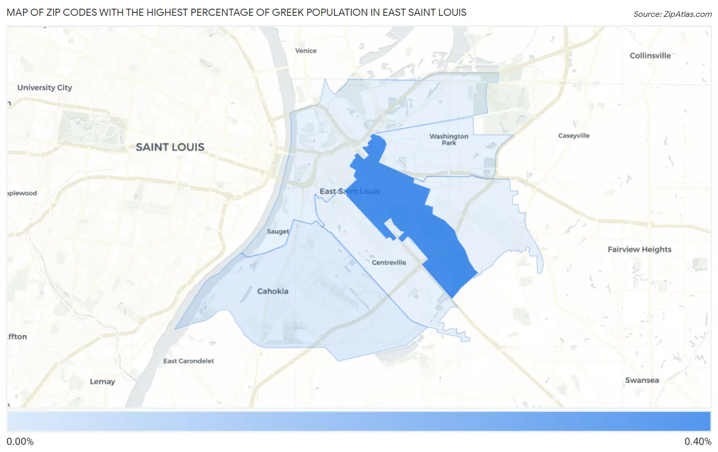 Zip Codes with the Highest Percentage of Greek Population in East Saint Louis Map