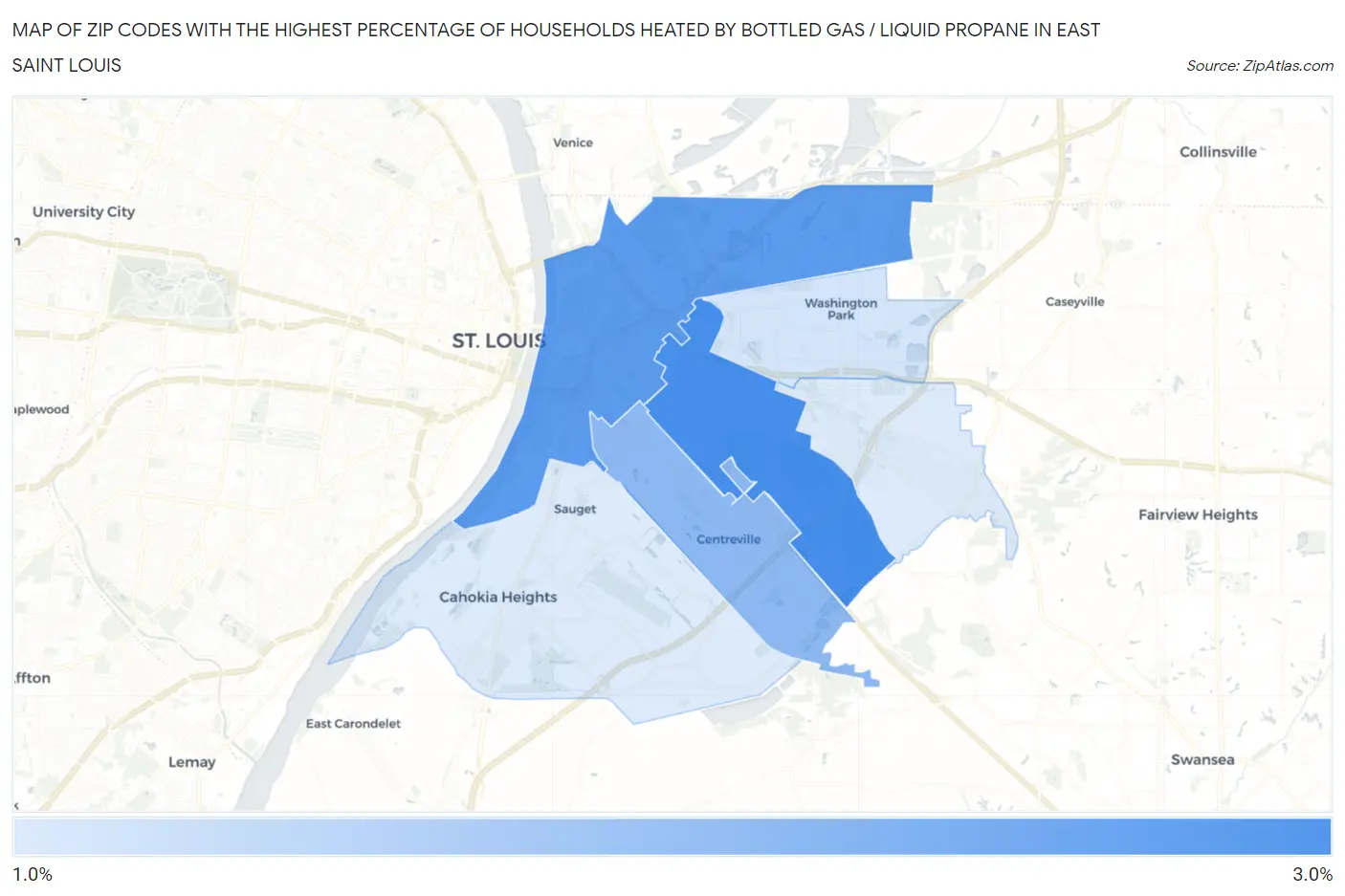 Zip Codes with the Highest Percentage of Households Heated by Bottled Gas / Liquid Propane in East Saint Louis Map