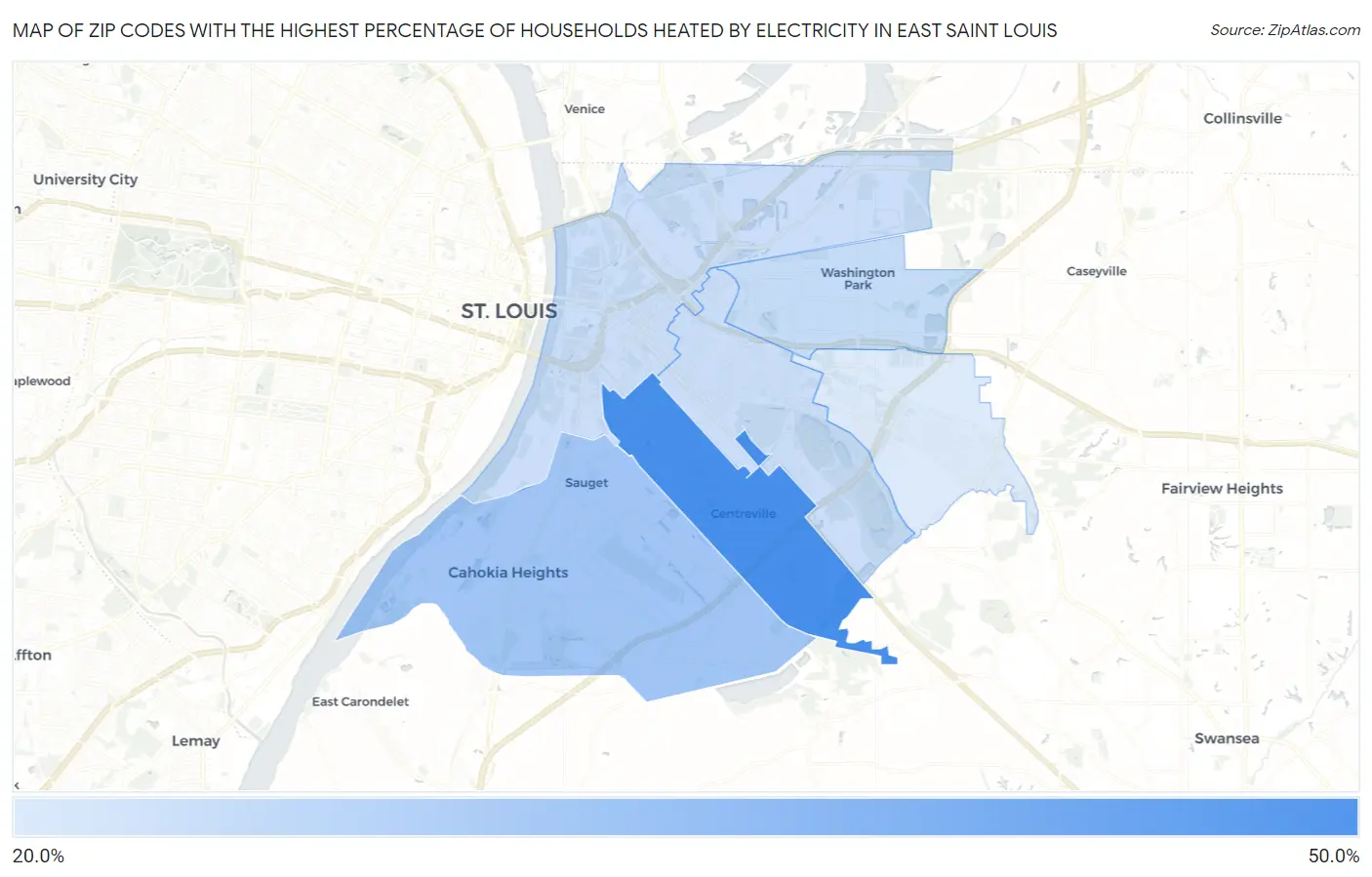 Zip Codes with the Highest Percentage of Households Heated by Electricity in East Saint Louis Map