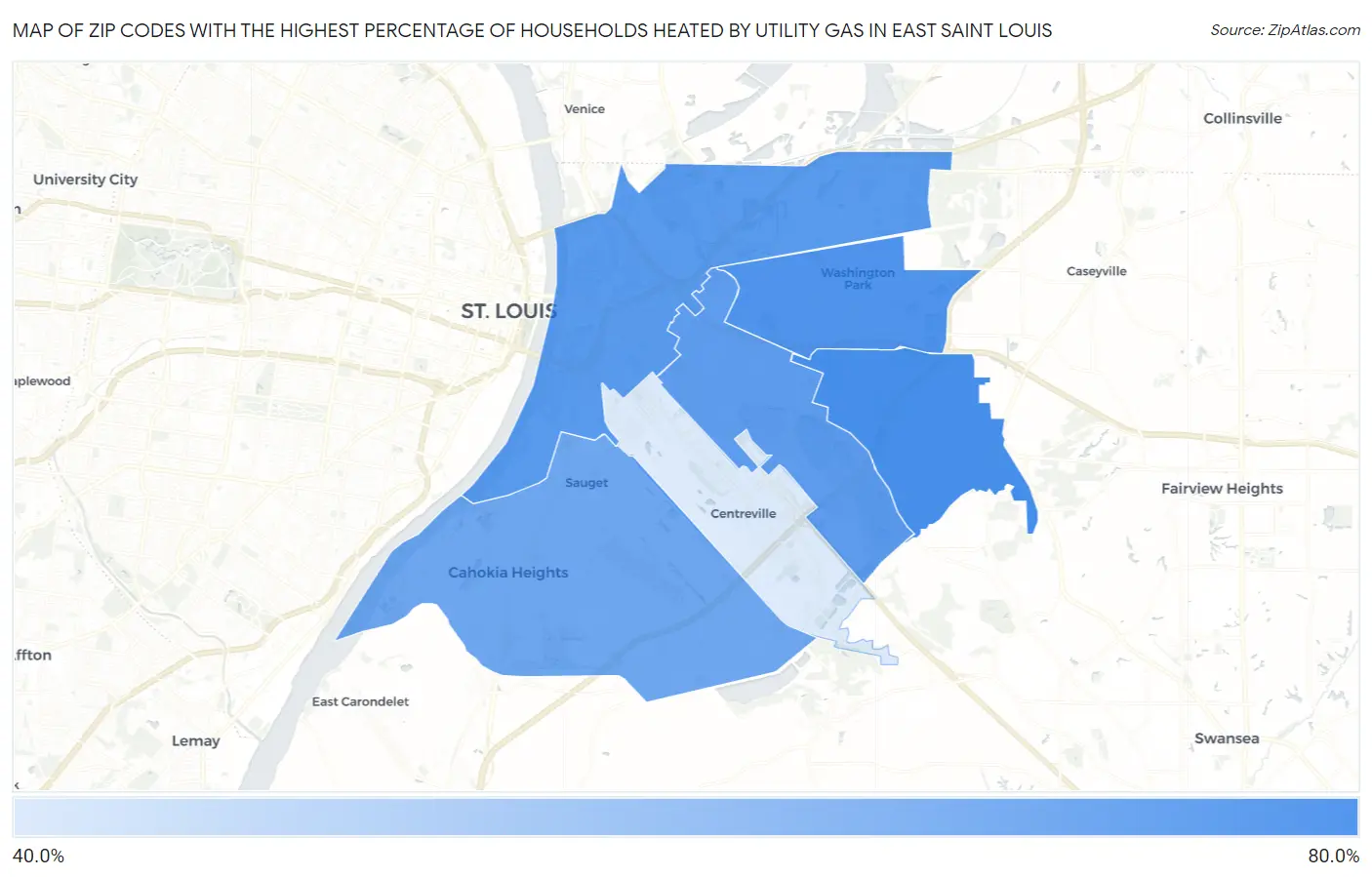 Zip Codes with the Highest Percentage of Households Heated by Utility Gas in East Saint Louis Map