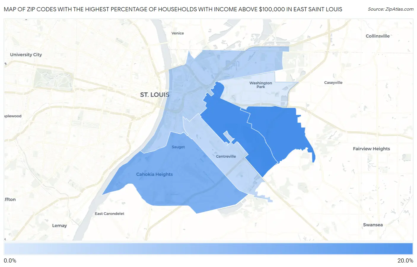 Zip Codes with the Highest Percentage of Households with Income Above $100,000 in East Saint Louis Map
