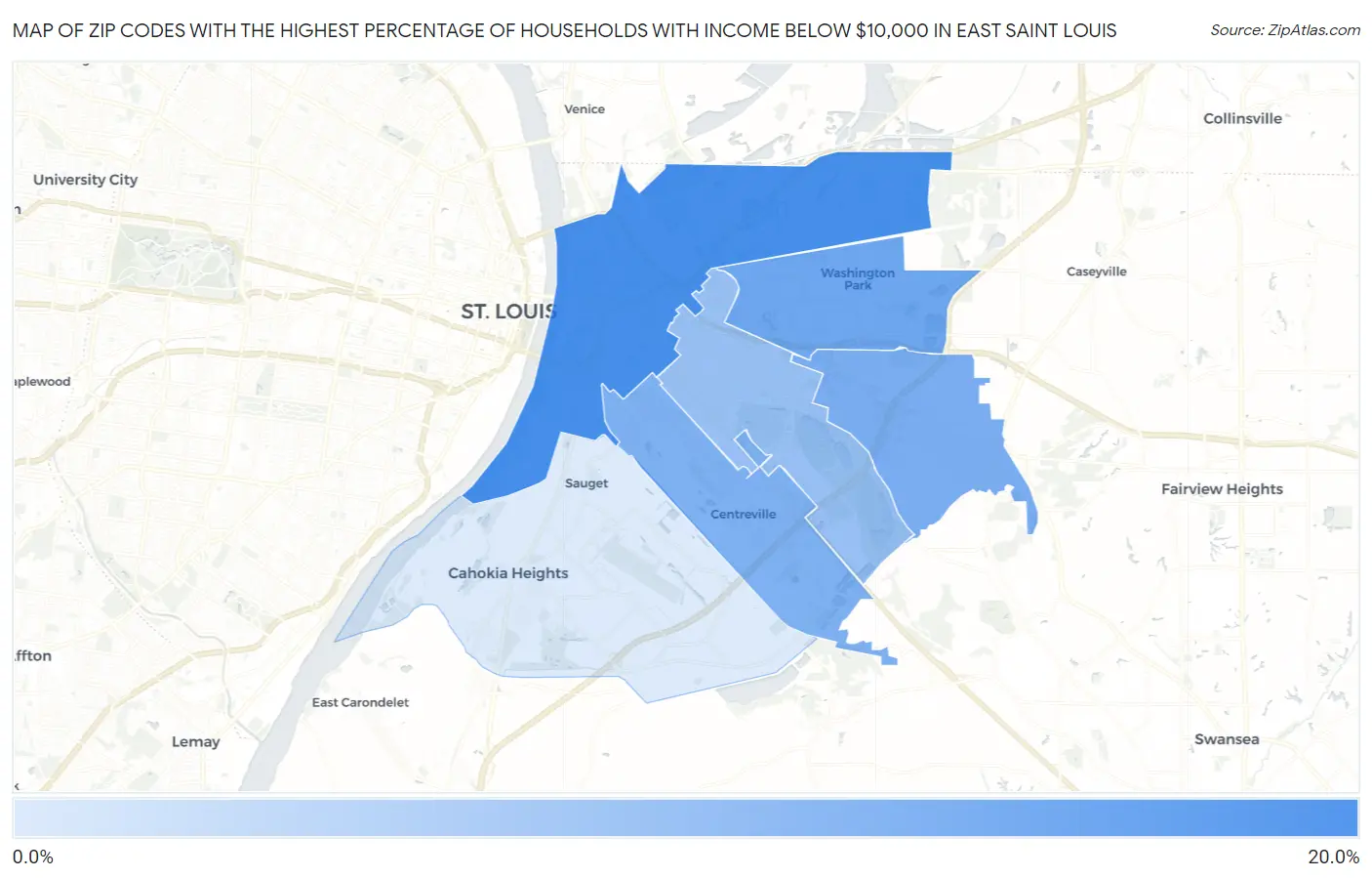 Zip Codes with the Highest Percentage of Households with Income Below $10,000 in East Saint Louis Map