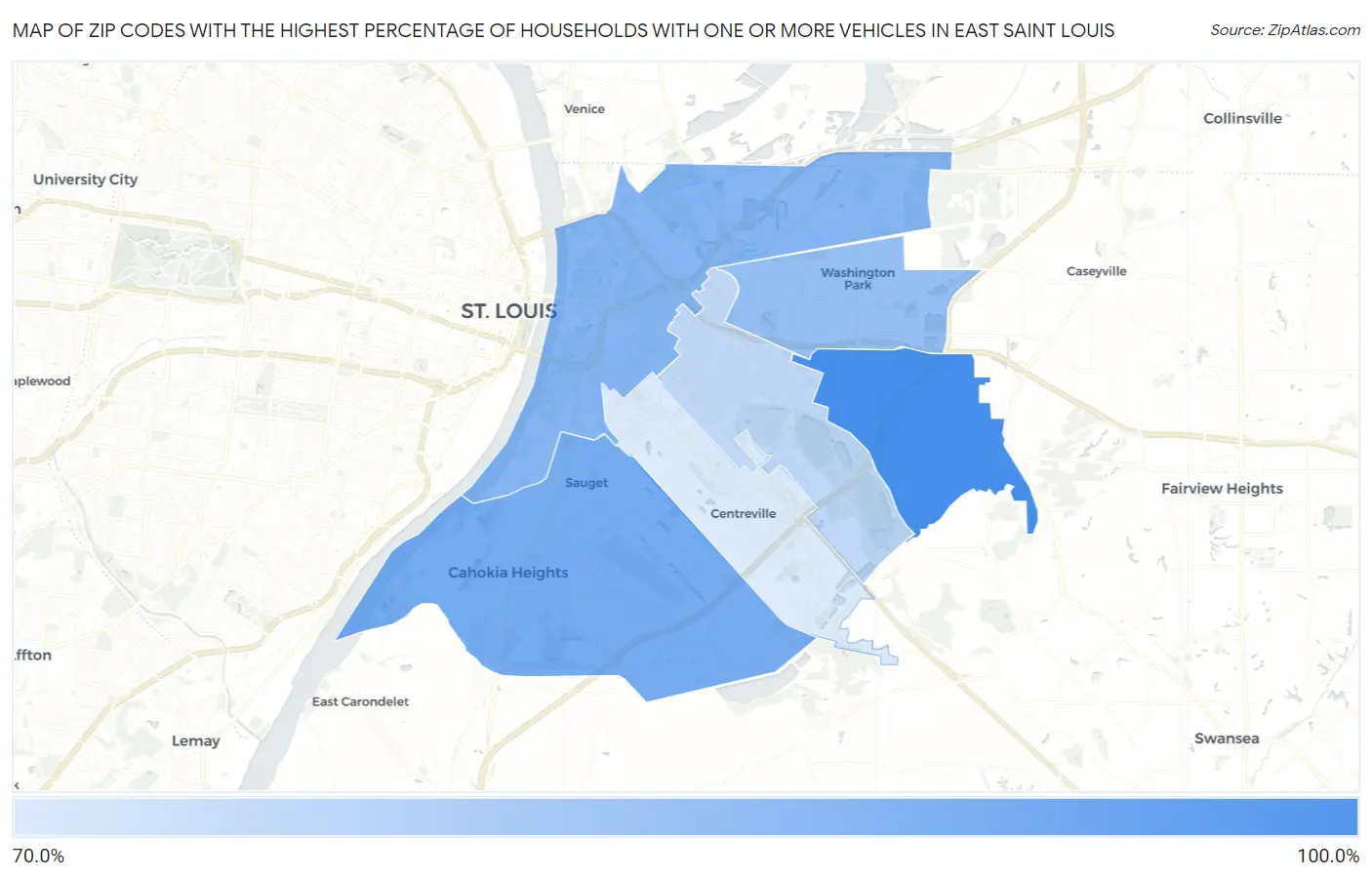 Zip Codes with the Highest Percentage of Households With One or more Vehicles in East Saint Louis Map