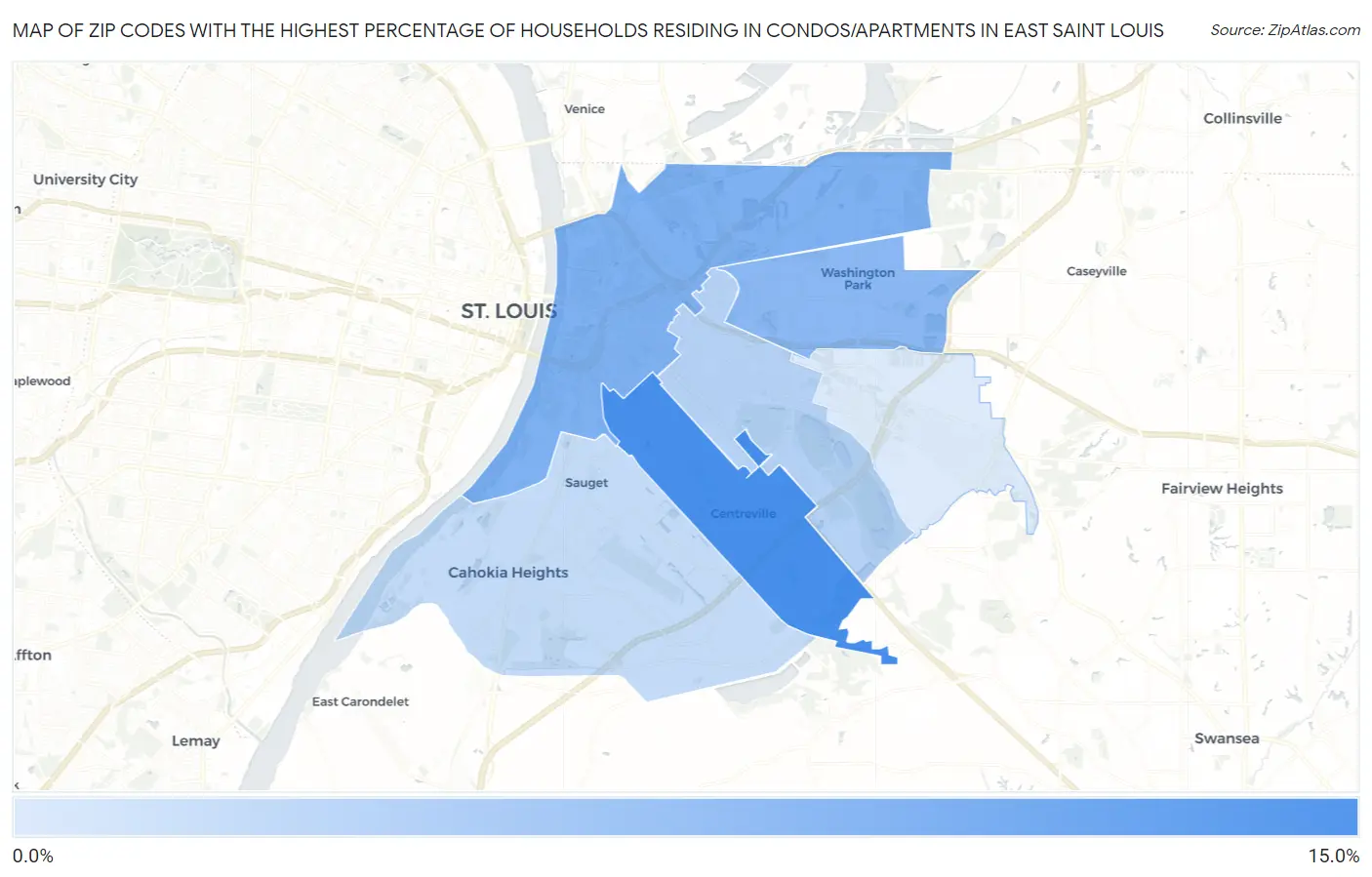Zip Codes with the Highest Percentage of Households Residing in Condos/Apartments in East Saint Louis Map