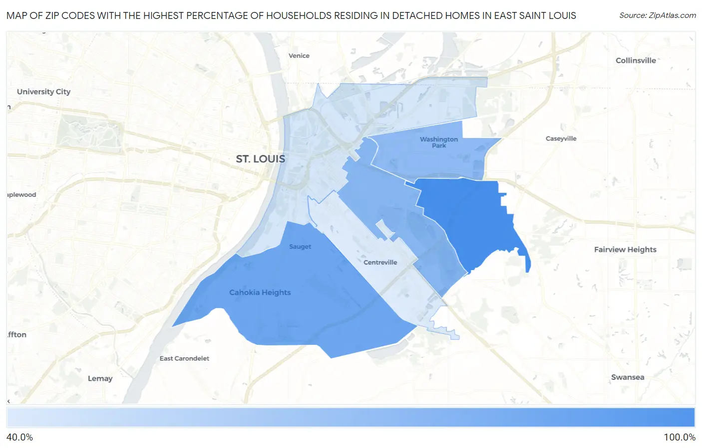 Zip Codes with the Highest Percentage of Households Residing in Detached Homes in East Saint Louis Map